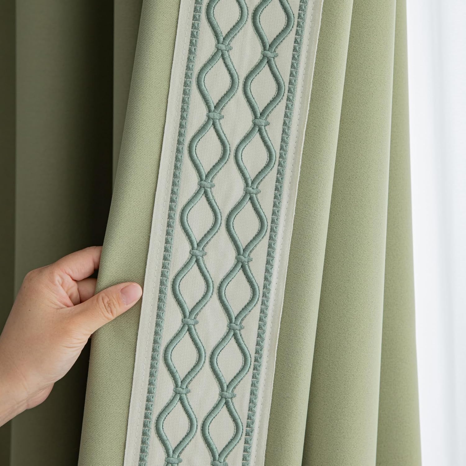 White Linen Curtain Panels with Embroidered Trim Design, Pinch Pleat Curtains, Semi-Sheer Curtains for Sliding Patio Doors Bedroom (2 Panels) (50W x 84L)