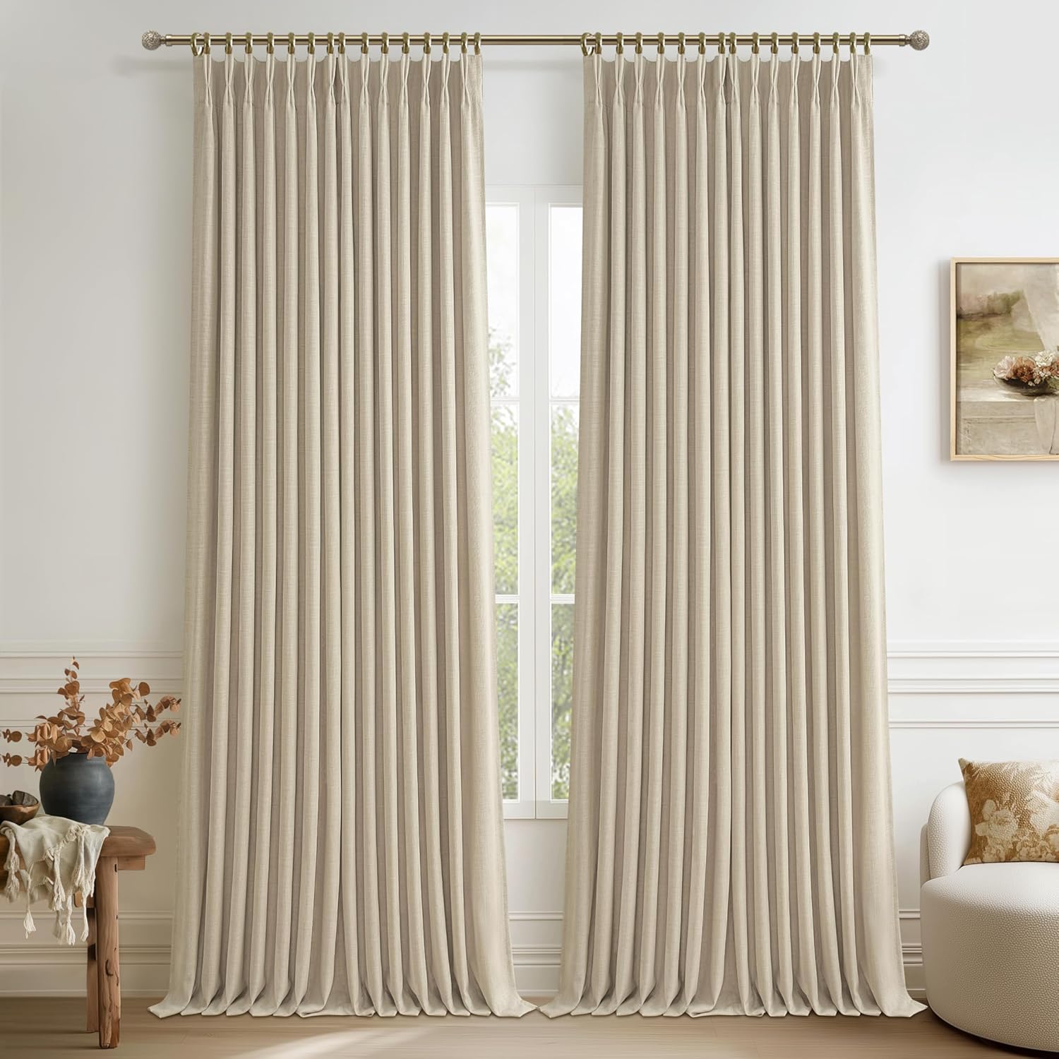 70 Inch Extra Wide Memory Trained Pinch Pleated Blackout Living Room Curtains 108 Inches Long, Warm Beige Linen 2 Layer Black Out Lux Decor Thermal Sound Dampening Curtain 70W x 108L 2 Panels Set