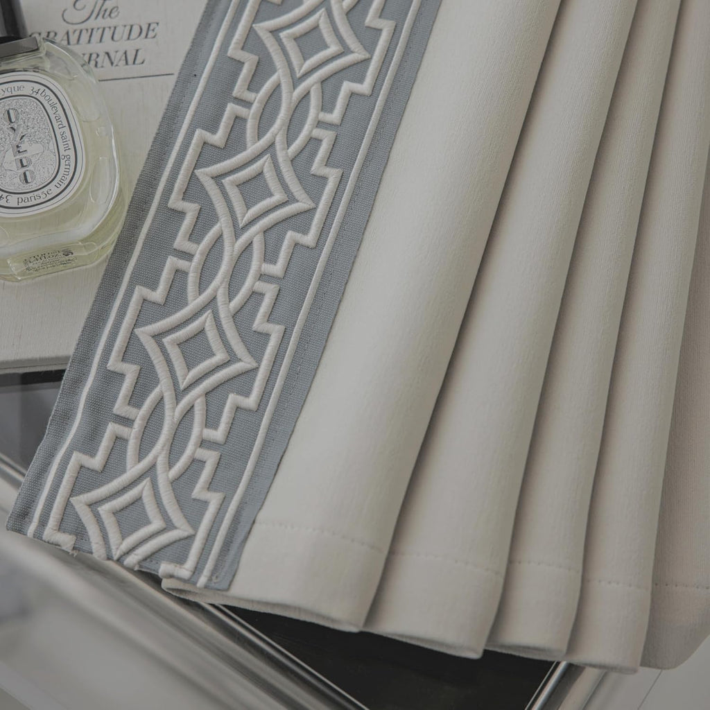 Cream Cotton Blend Curtain Panels with Trim Design, Pinch Pleat Curtains, Blackout Curtains for Sliding Patio Doors Bedroom (Set of 2) (52W x 96L)