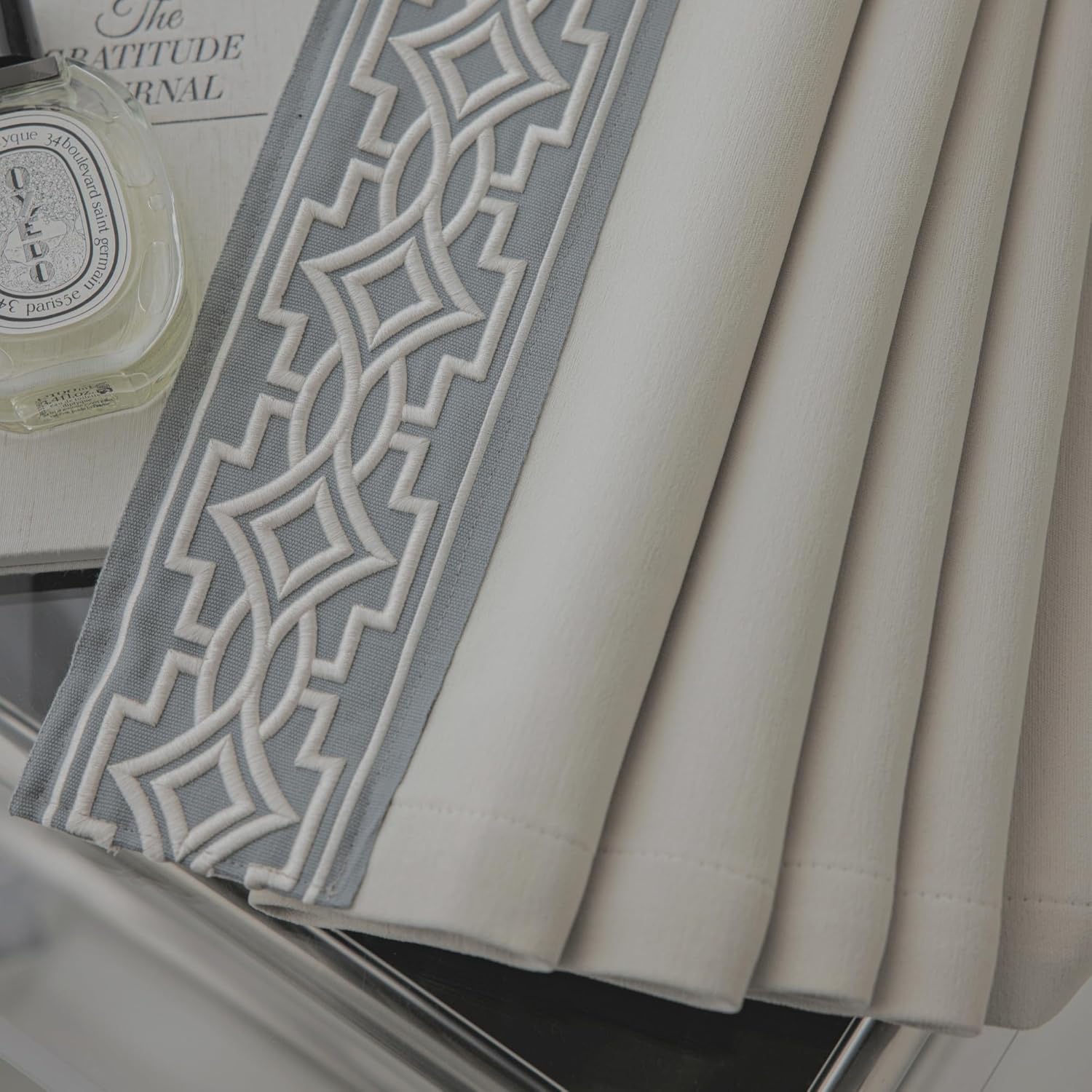 Cream Cotton Blend Curtain Panels with Trim Design, Pinch Pleat Curtains, Blackout Curtains for Sliding Patio Doors Bedroom (Set of 2) (52W x 96L)