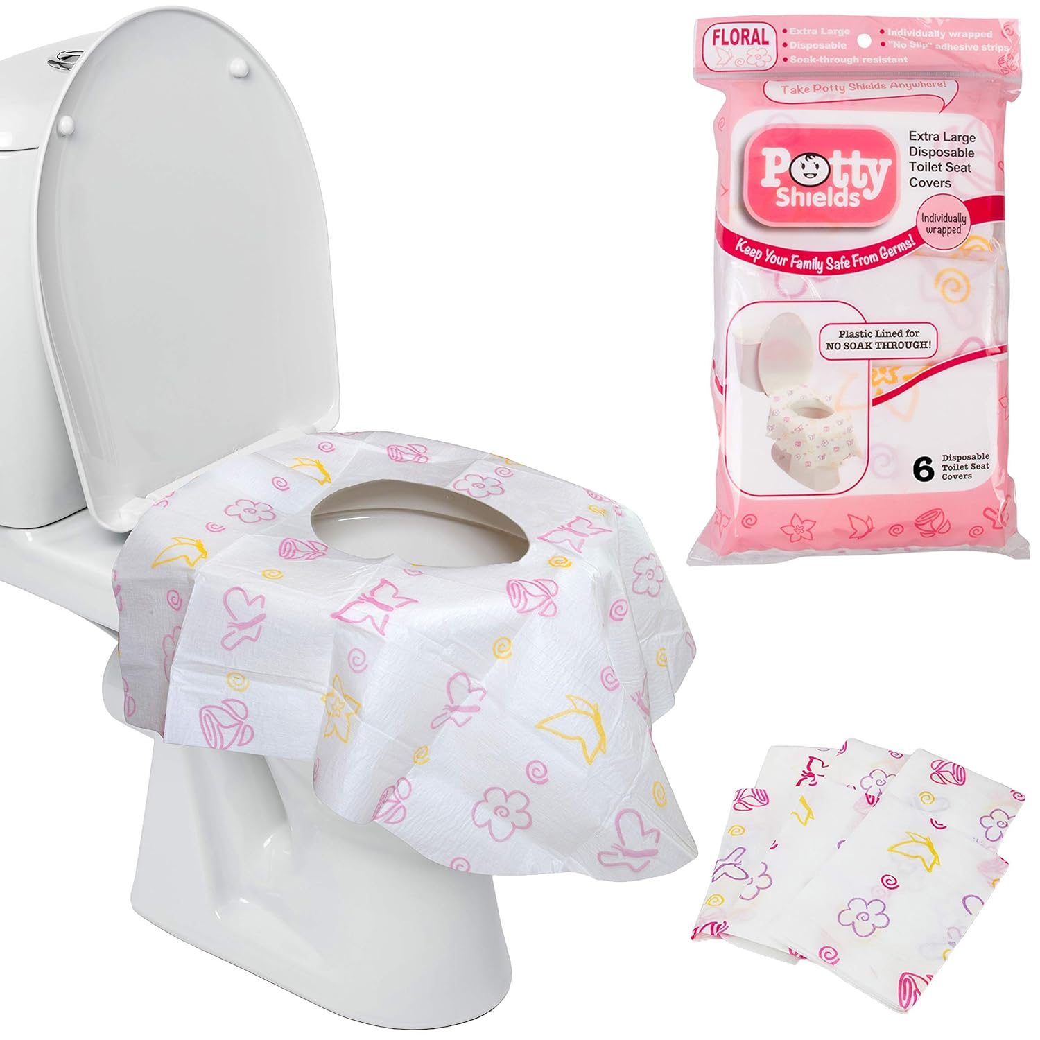 Toilet Seat Covers Disposable (40 Pack, Floral) - XL Waterproof Toilet Cover for Toddlers, Kids & Adults - Portable & Individually Wrapped for Travel, Potty Training & Public Restrooms