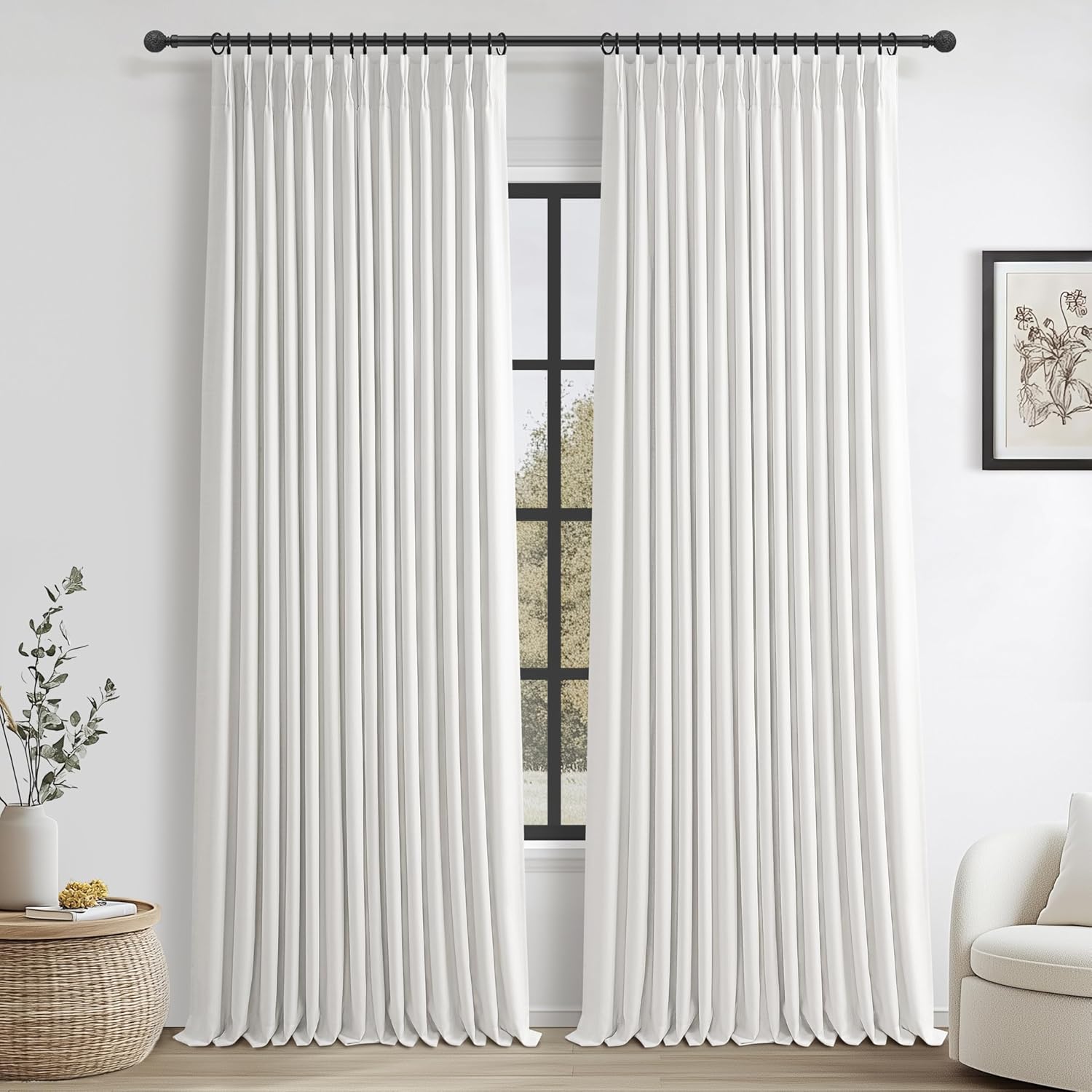 70 Inch Extra Wide Memory Trained Pinch Pleated Blackout Living Room Curtains 108 Inches Long, Warm Beige Linen 2 Layer Black Out Lux Decor Thermal Sound Dampening Curtain 70W x 108L 2 Panels Set