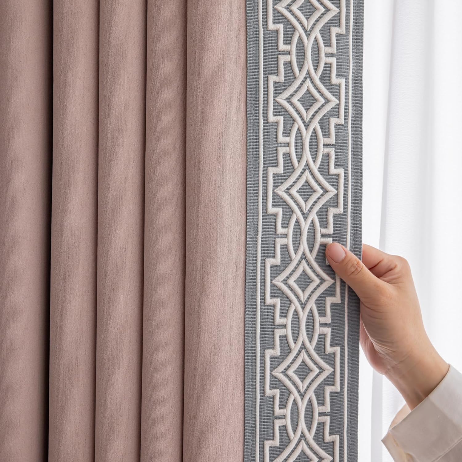 Cream Cotton Blend Curtain Panels with Trim Design, Pinch Pleat Curtains, Blackout Curtains for Sliding Patio Doors Bedroom (Set of 2) (52W x 96L)