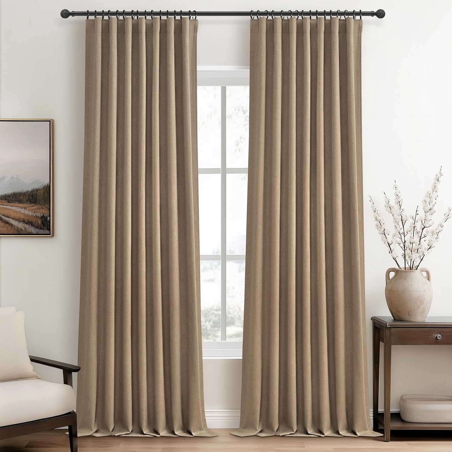 Extra Wide 70 Inch Length Blackout Curtains & Drapes 120 Inches Long 2 Panels Set for Sliding Glass Doors,Modern Pleated Linen Blend Heavy Floor to Ceiling Large Window Drapes(70"Wx120"Lx 2 Natural)