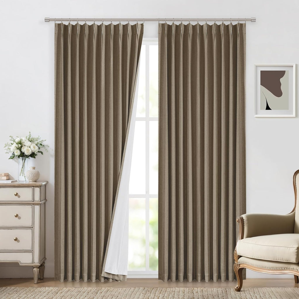 Vision Home Brown Pinch Pleated Full Blackout Curtains Linen Blended 60" Wide Thermal Insulated Window Panels 108 inch for Bedroom Living Room Darkening Pleat Drapes with Hooks Back Tab 60" Wx108 Lx1
