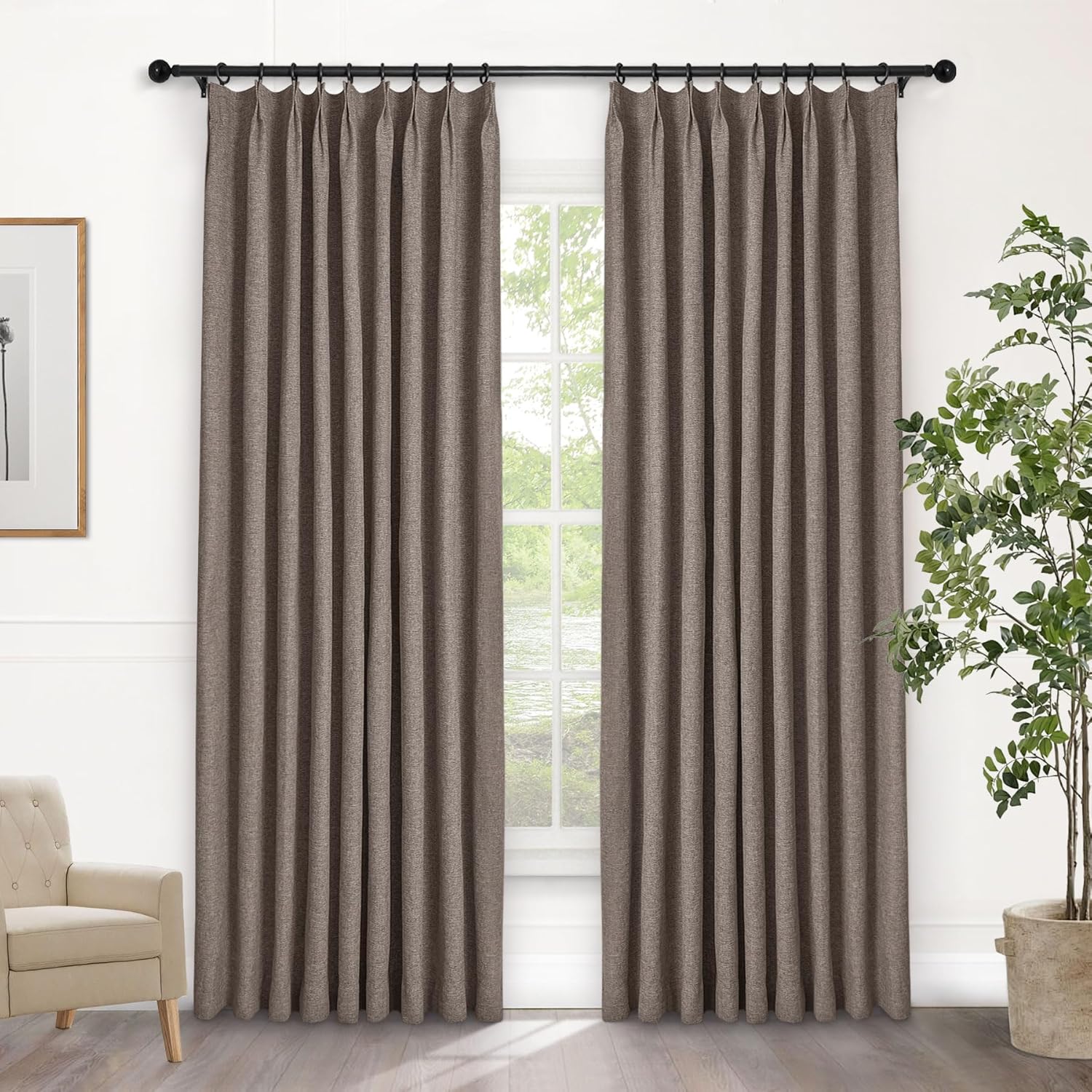 Macochico Extra Wide 100% Blackout Linen Curtains for Sliding Door Pleated Curtains with Hooks Insulated Soft Linen Drapes for Bedroom Living Room with Tieback Sand Beige 100”Wx84”L 1 Panel