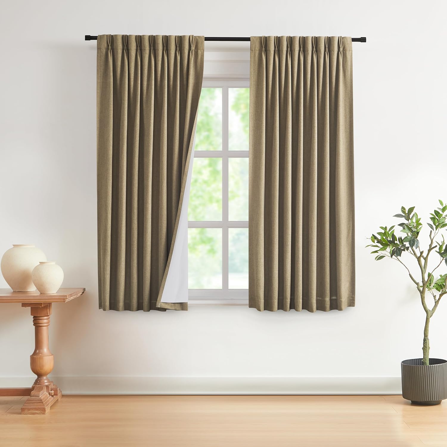 Vision Home Brown Pinch Pleated Full Blackout Curtains Linen Blended 60" Wide Thermal Insulated Window Panels 108 inch for Bedroom Living Room Darkening Pleat Drapes with Hooks Back Tab 60" Wx108 Lx1