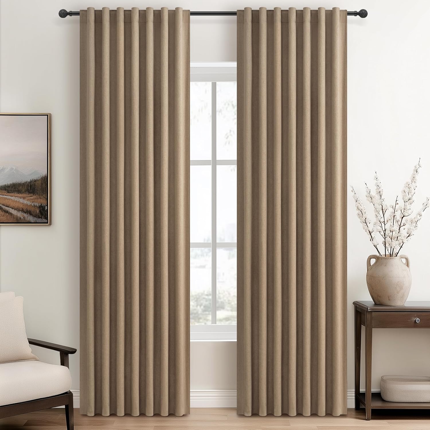 Extra Wide 70 Inch Length Blackout Curtains & Drapes 120 Inches Long 2 Panels Set for Sliding Glass Doors,Modern Pleated Linen Blend Heavy Floor to Ceiling Large Window Drapes(70"Wx120"Lx 2 Natural)