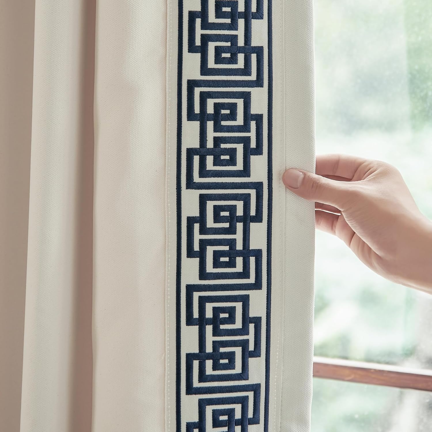 Curtain Panels with Embroidered Design, Tape Trim Drapes Pinch Pleat, Design Curtains for Sliding Patio Doors Bedroom 2Panels (Warm Cream, 50" W x 102" L)