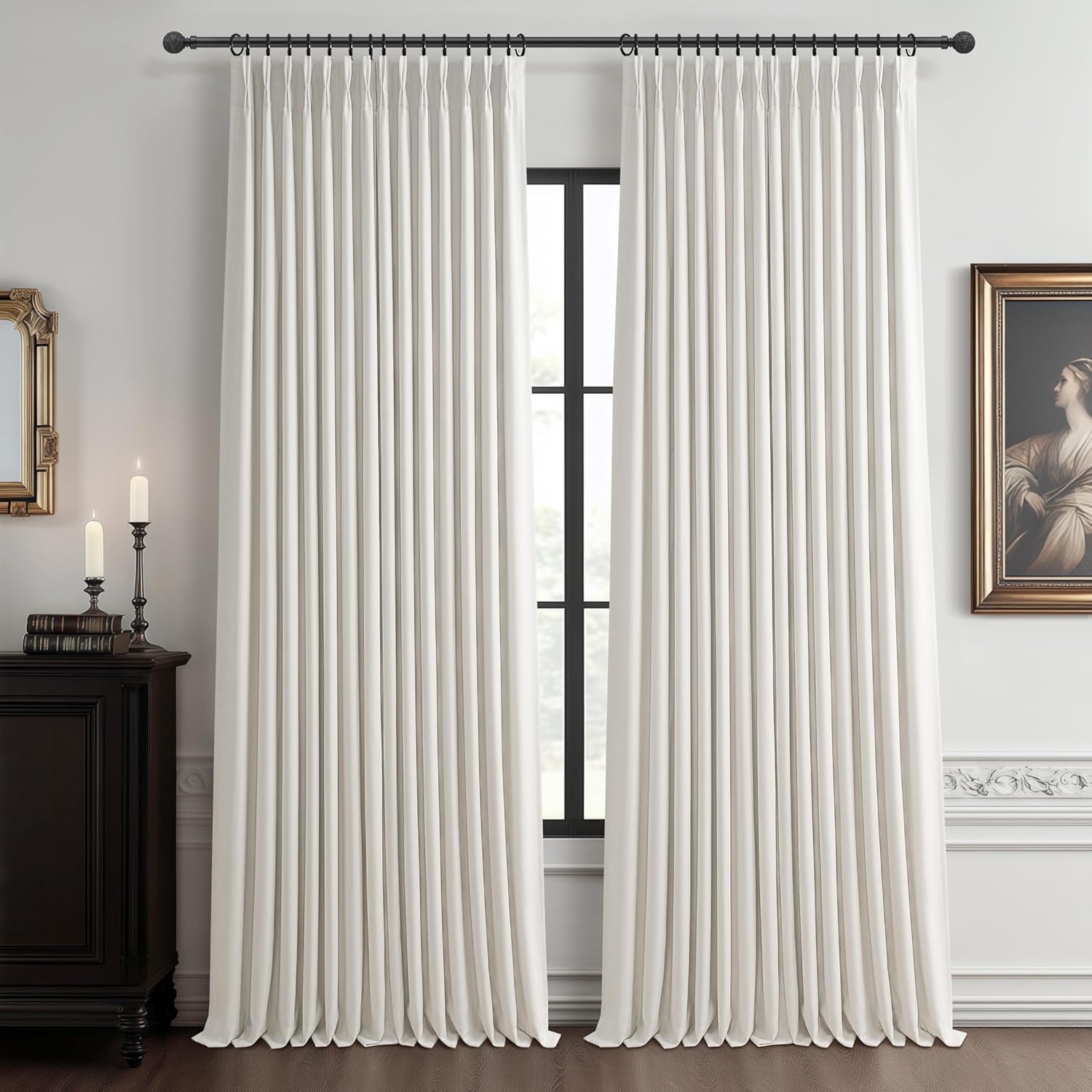 70 Inch Extra Wide Memory Trained Pinch Pleated Blackout Living Room Curtains 108 Inches Long, Warm Beige Linen 2 Layer Black Out Lux Decor Thermal Sound Dampening Curtain 70W x 108L 2 Panels Set