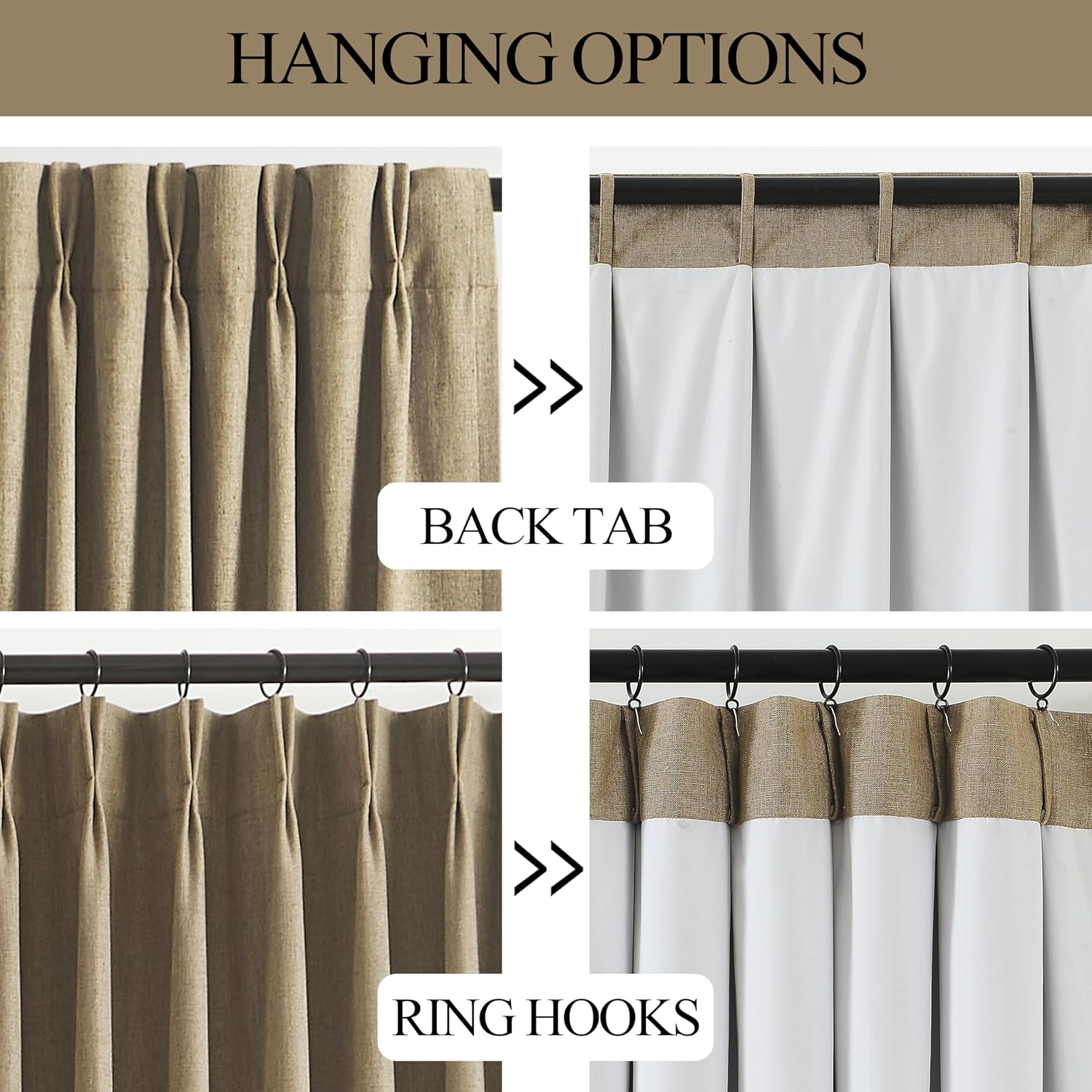 Vision Home Brown Pinch Pleated Full Blackout Curtains Linen Blended 60" Wide Thermal Insulated Window Panels 108 inch for Bedroom Living Room Darkening Pleat Drapes with Hooks Back Tab 60" Wx108 Lx1