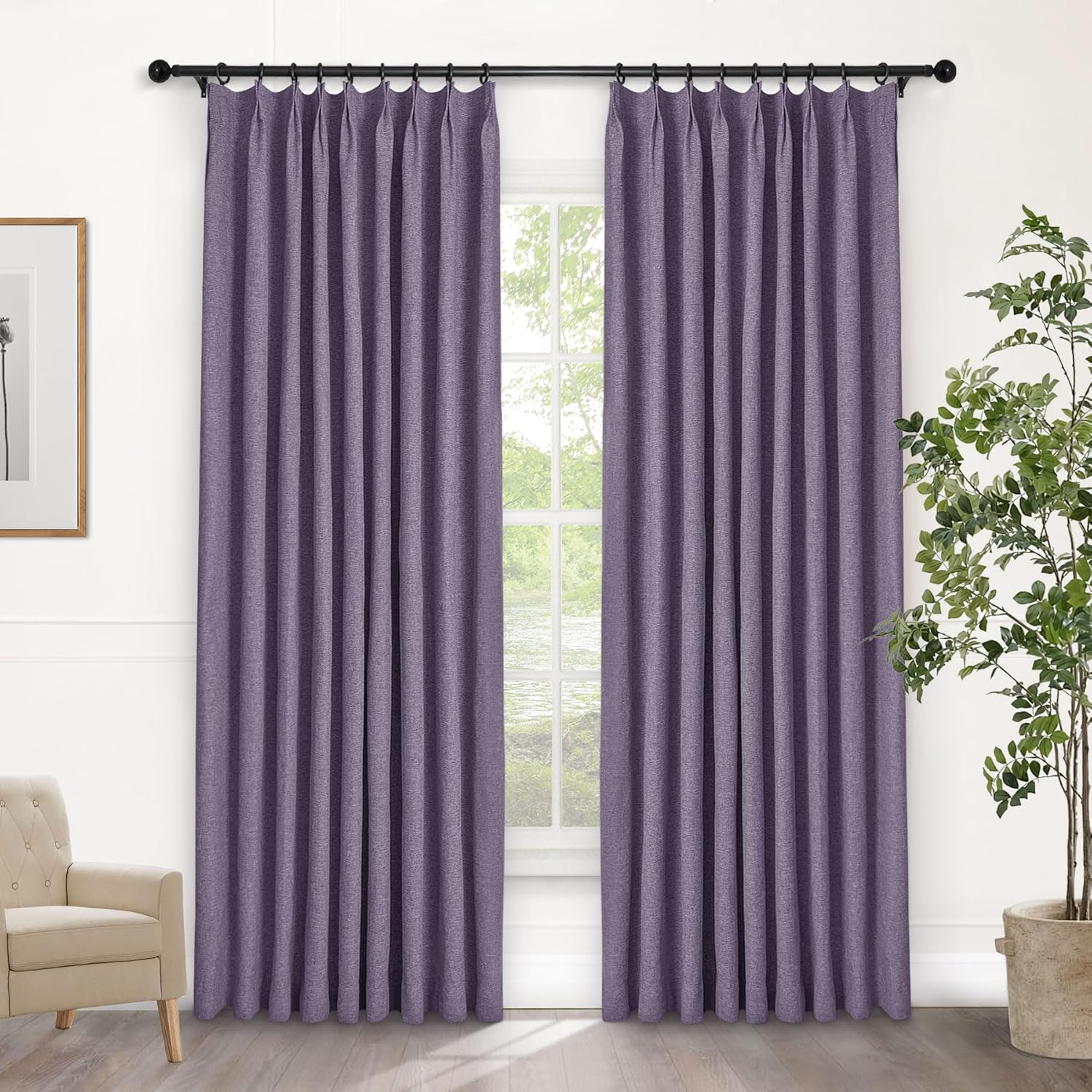 Macochico Extra Wide 100% Blackout Linen Curtains for Sliding Door Pleated Curtains with Hooks Insulated Soft Linen Drapes for Bedroom Living Room with Tieback Sand Beige 100”Wx84”L 1 Panel