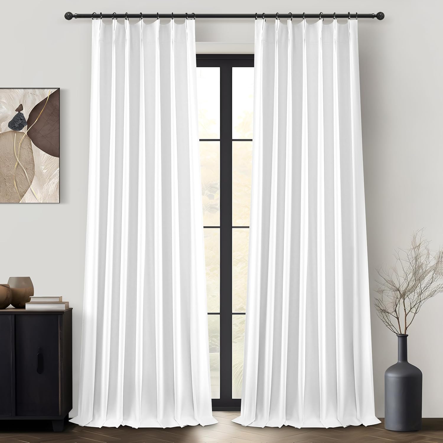 Lush Decor Wide Curtains for Windows 120 to 140 Blackout Linen 108 Inches Long, Pinch Pleated Thick 70 Inch Extra Wide Patio Door Curtain Panels 2 Set Drapes Floor to Ceiling Drapes Heavy Thermal