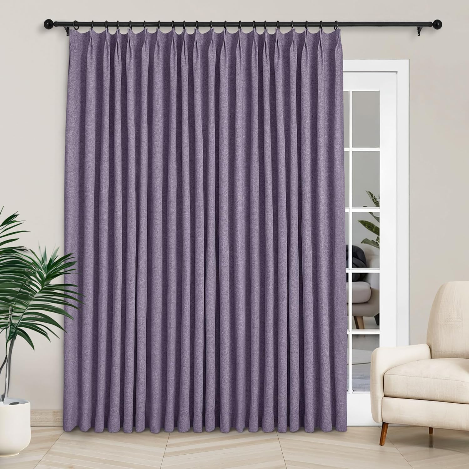 Macochico Extra Wide 100% Blackout Linen Curtains for Sliding Door Pleated Curtains with Hooks Insulated Soft Linen Drapes for Bedroom Living Room with Tieback Sand Beige 100”Wx84”L 1 Panel