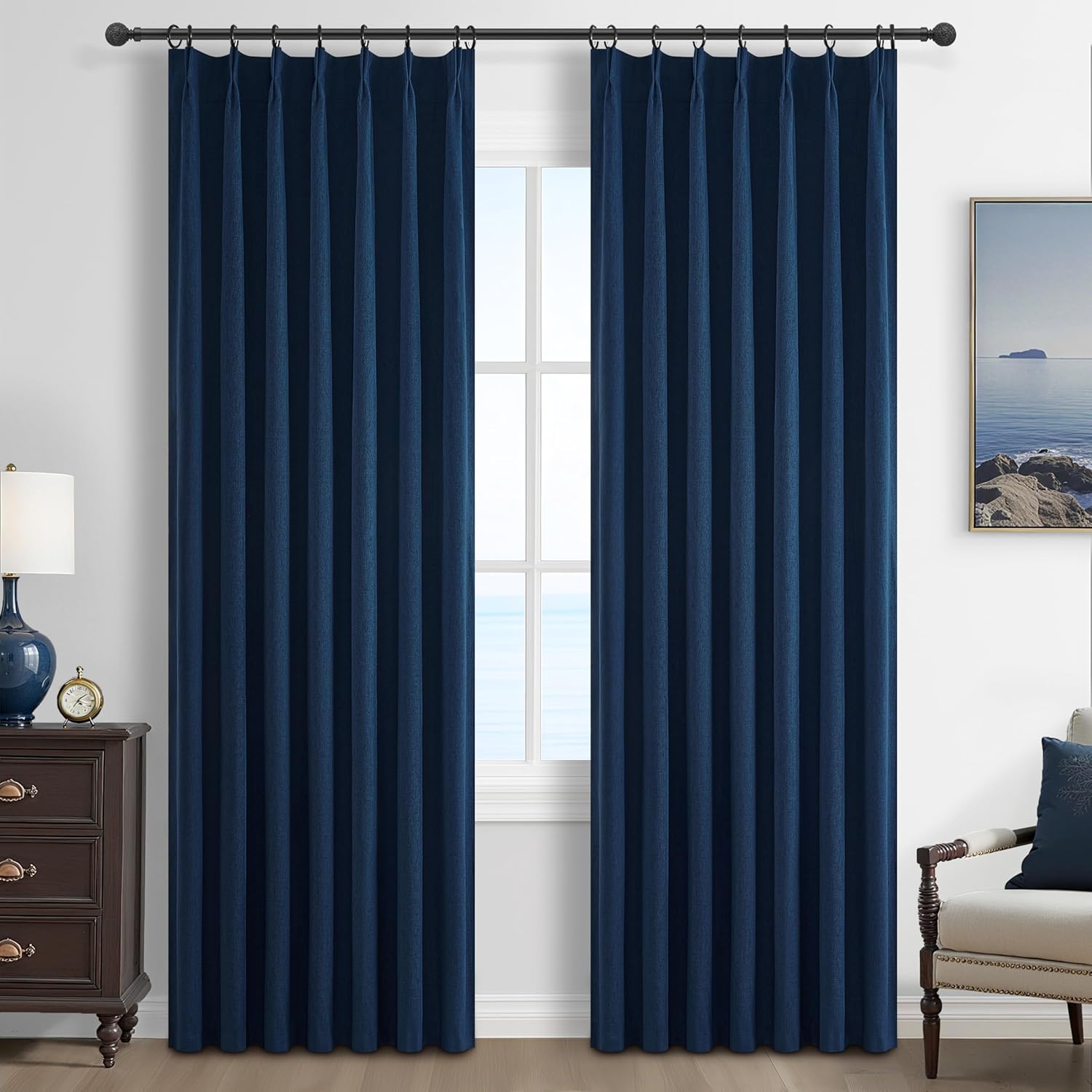 Lush Decor Wide Curtains for Windows 120 to 140 Blackout Linen 108 Inches Long, Pinch Pleated Thick 70 Inch Extra Wide Patio Door Curtain Panels 2 Set Drapes Floor to Ceiling Drapes Heavy Thermal