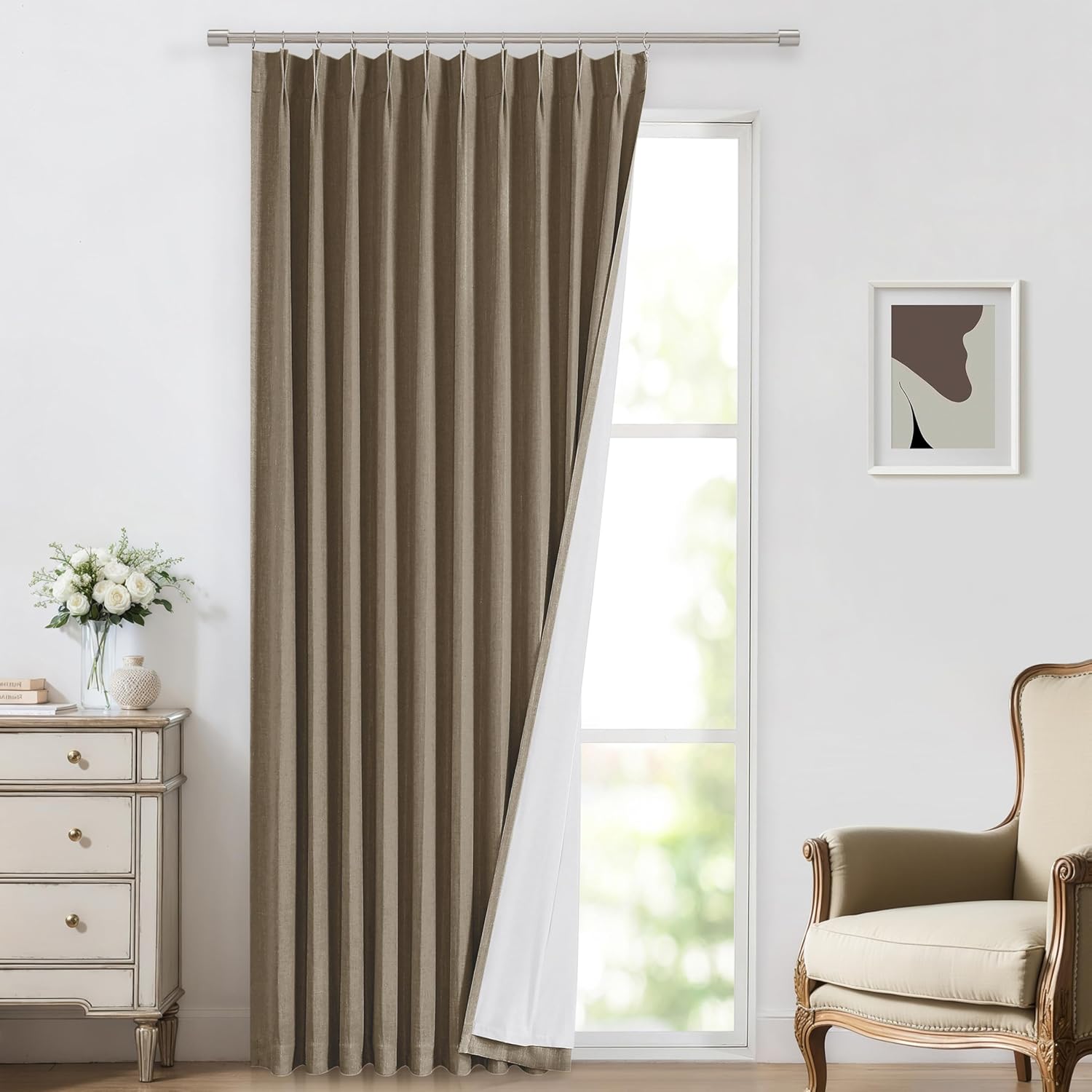 Vision Home Brown Pinch Pleated Full Blackout Curtains Linen Blended 60" Wide Thermal Insulated Window Panels 108 inch for Bedroom Living Room Darkening Pleat Drapes with Hooks Back Tab 60" Wx108 Lx1