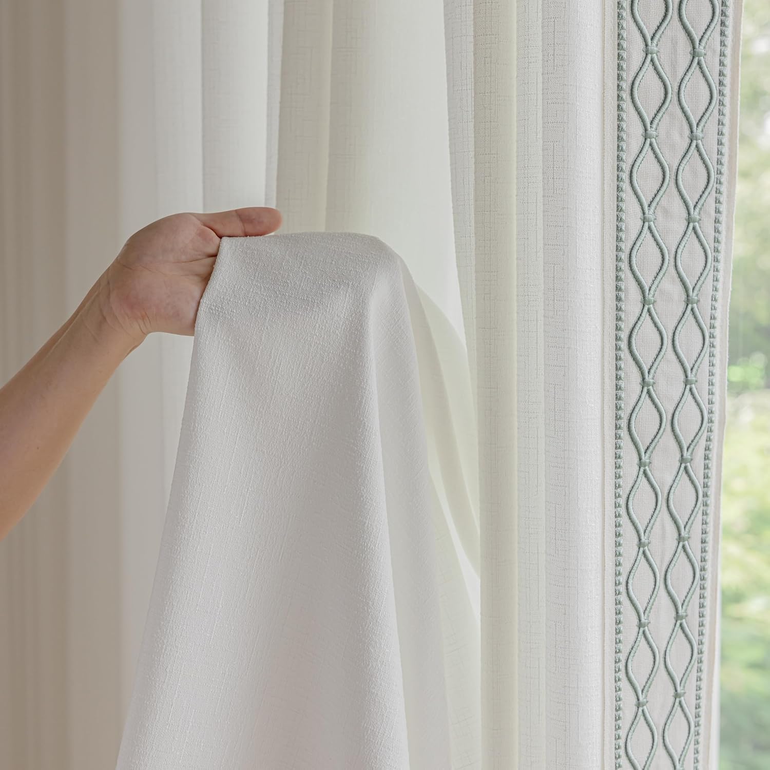 White Linen Curtain Panels with Embroidered Trim Design, Pinch Pleat Curtains, Semi-Sheer Curtains for Sliding Patio Doors Bedroom (2 Panels) (50W x 84L)