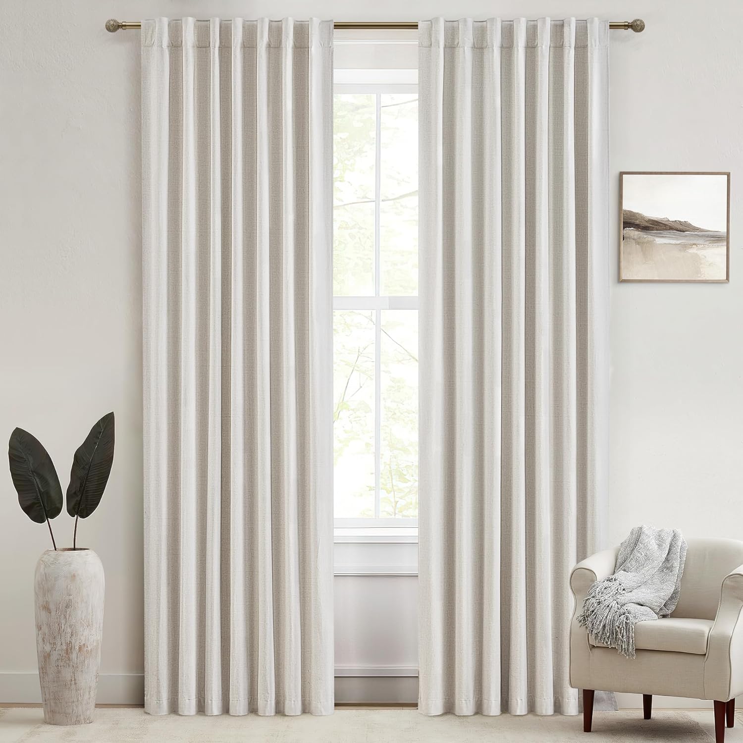Extra Wide 70 Inch Length Blackout Curtains & Drapes 120 Inches Long 2 Panels Set for Sliding Glass Doors,Modern Pleated Linen Blend Heavy Floor to Ceiling Large Window Drapes(70"Wx120"Lx 2 Natural)