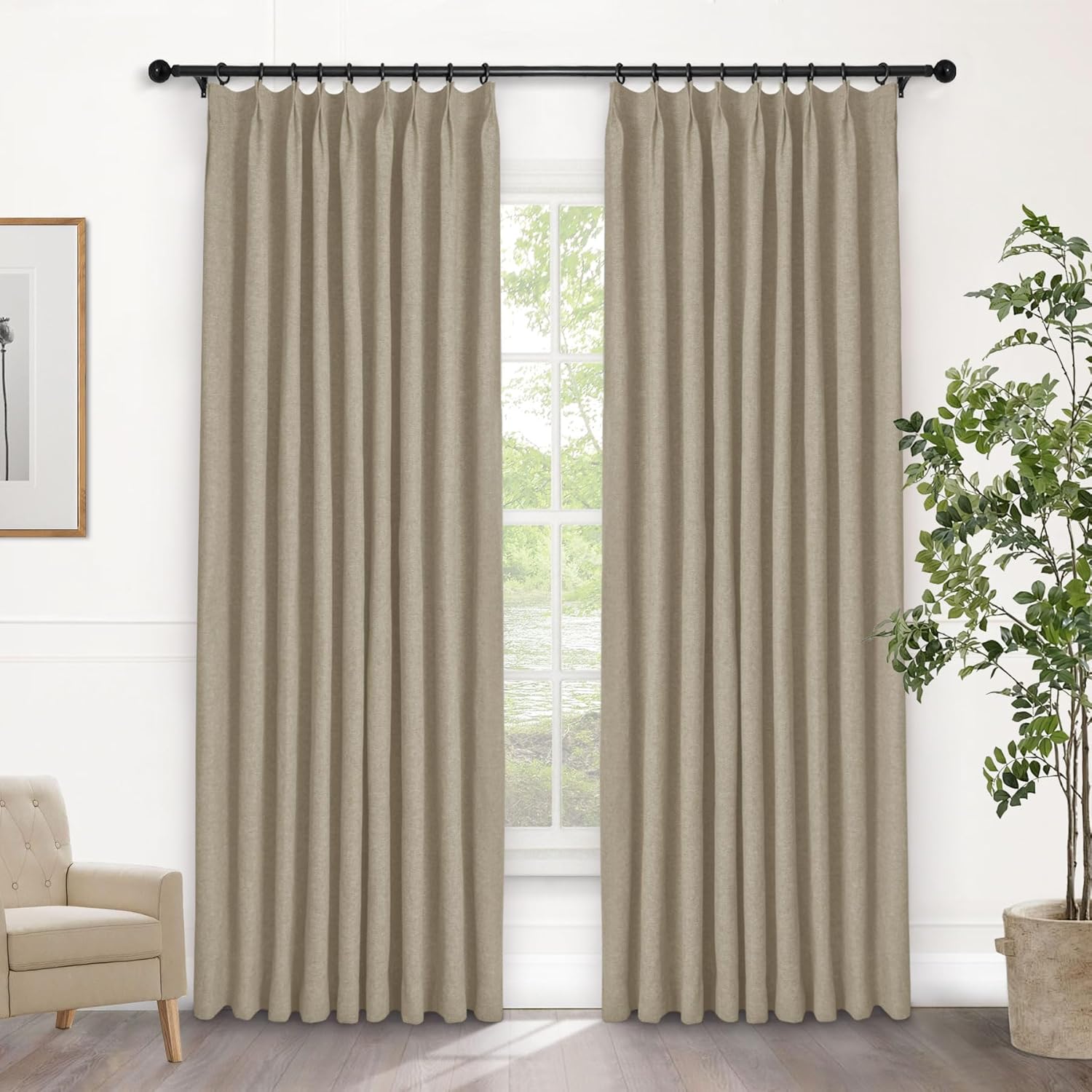 Macochico Extra Wide 100% Blackout Linen Curtains for Sliding Door Pleated Curtains with Hooks Insulated Soft Linen Drapes for Bedroom Living Room with Tieback Sand Beige 100”Wx84”L 1 Panel