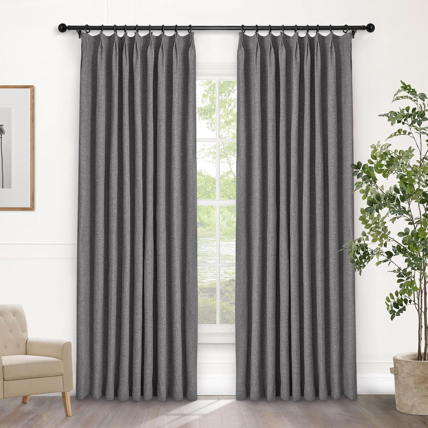 Macochico Extra Wide 100% Blackout Linen Curtains for Sliding Door Pleated Curtains with Hooks Insulated Soft Linen Drapes for Bedroom Living Room with Tieback Sand Beige 100”Wx84”L 1 Panel