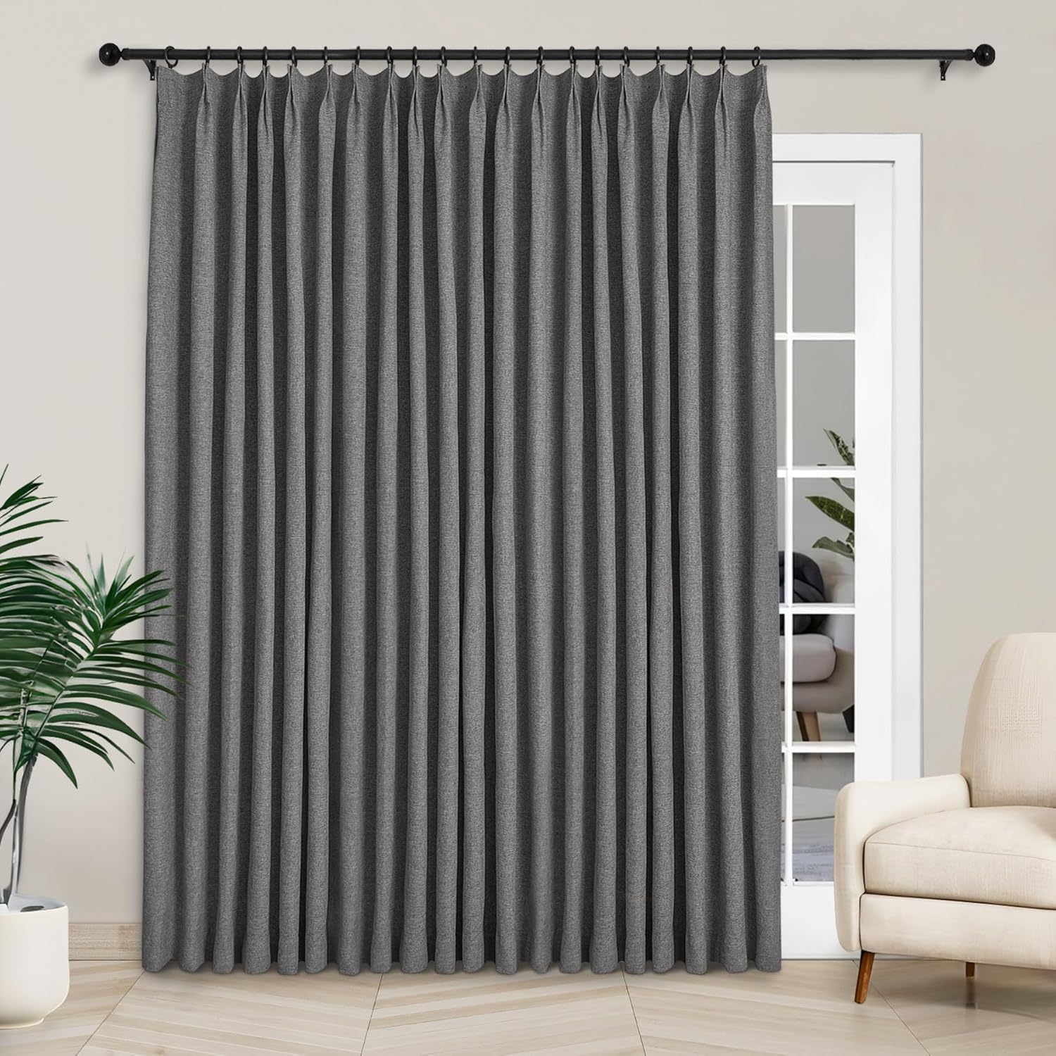 Macochico Extra Wide 100% Blackout Linen Curtains for Sliding Door Pleated Curtains with Hooks Insulated Soft Linen Drapes for Bedroom Living Room with Tieback Sand Beige 100”Wx84”L 1 Panel