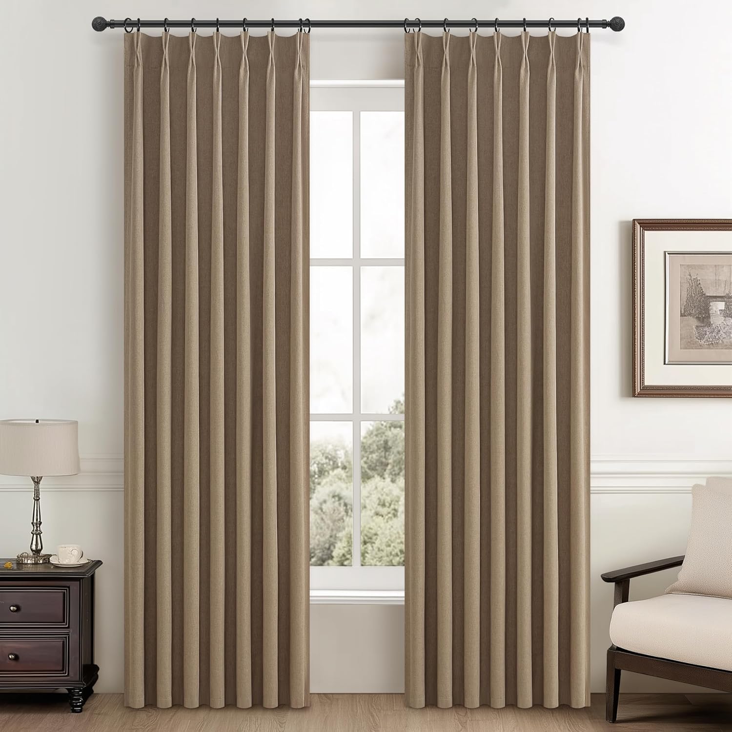 Lush Decor Wide Curtains for Windows 120 to 140 Blackout Linen 108 Inches Long, Pinch Pleated Thick 70 Inch Extra Wide Patio Door Curtain Panels 2 Set Drapes Floor to Ceiling Drapes Heavy Thermal