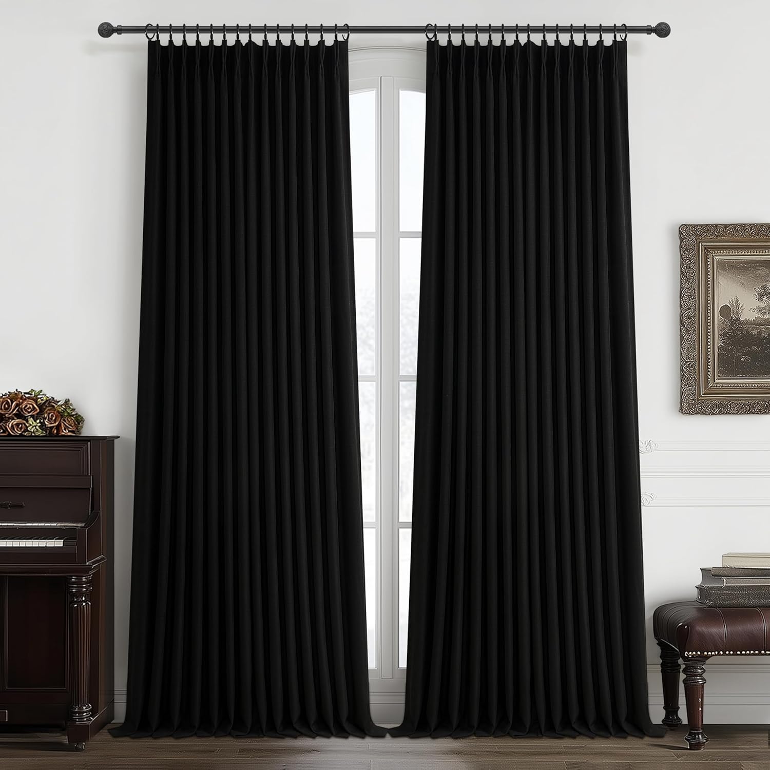70 Inch Extra Wide Memory Trained Pinch Pleated Blackout Living Room Curtains 108 Inches Long, Warm Beige Linen 2 Layer Black Out Lux Decor Thermal Sound Dampening Curtain 70W x 108L 2 Panels Set