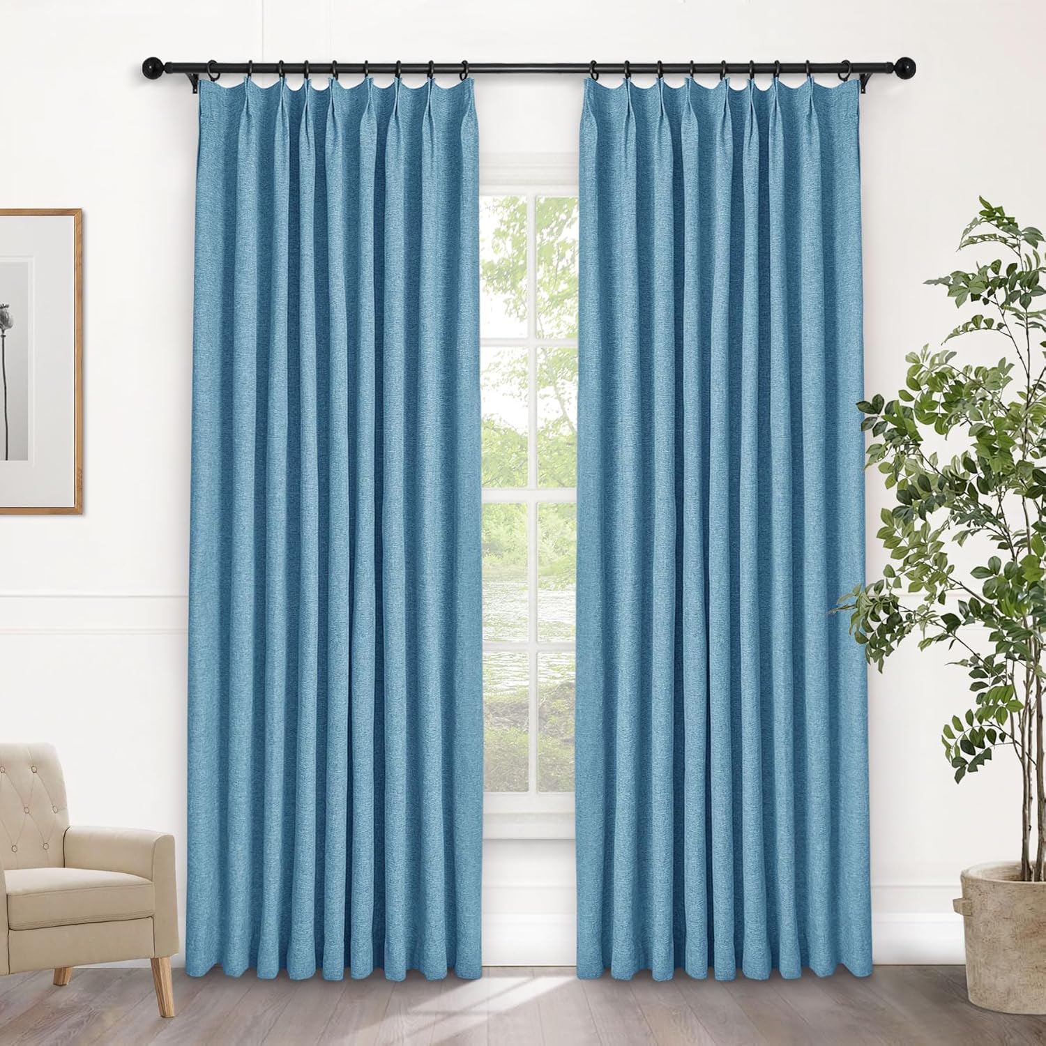 Macochico Extra Wide 100% Blackout Linen Curtains for Sliding Door Pleated Curtains with Hooks Insulated Soft Linen Drapes for Bedroom Living Room with Tieback Sand Beige 100”Wx84”L 1 Panel