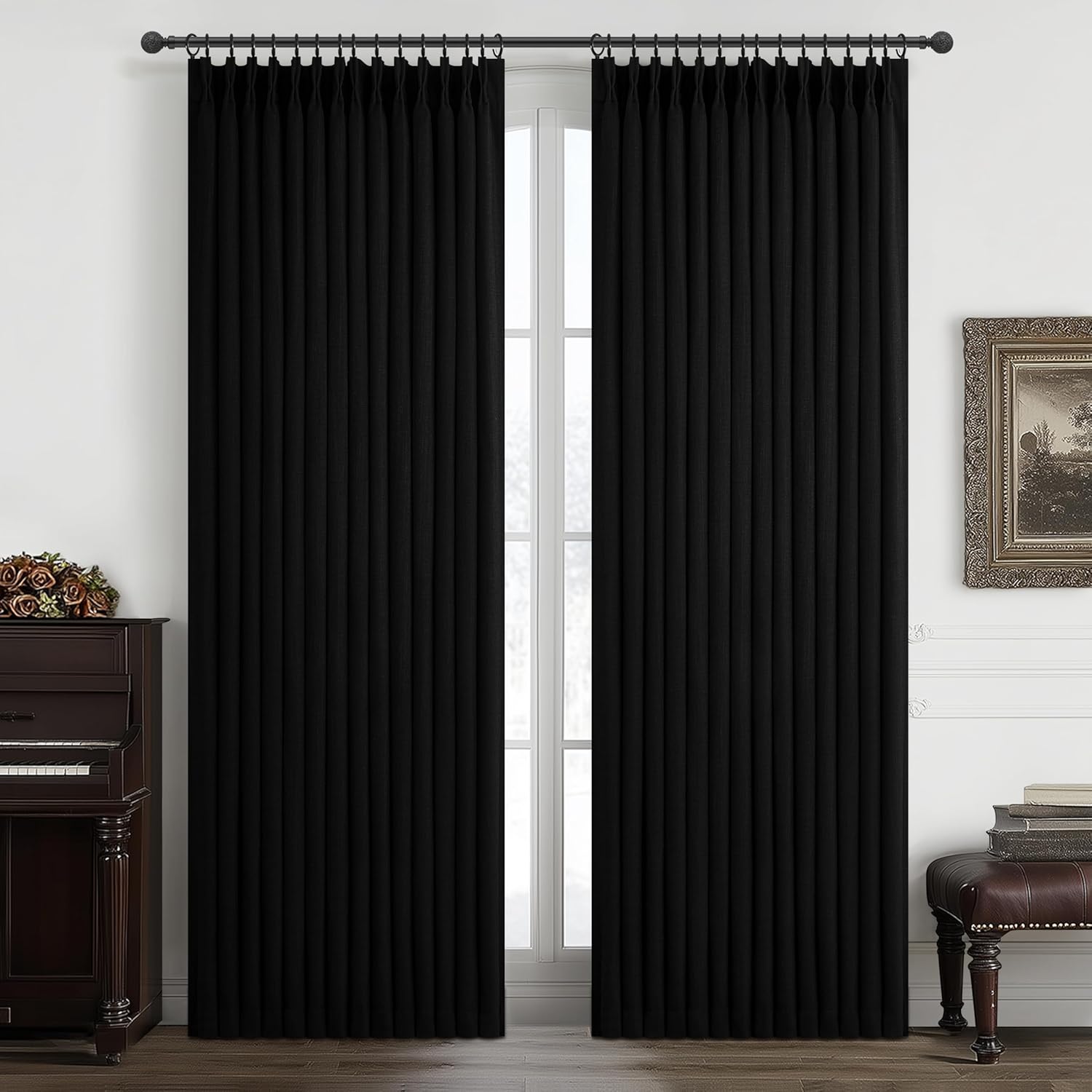 70 Inch Extra Wide Memory Trained Pinch Pleated Blackout Living Room Curtains 108 Inches Long, Warm Beige Linen 2 Layer Black Out Lux Decor Thermal Sound Dampening Curtain 70W x 108L 2 Panels Set