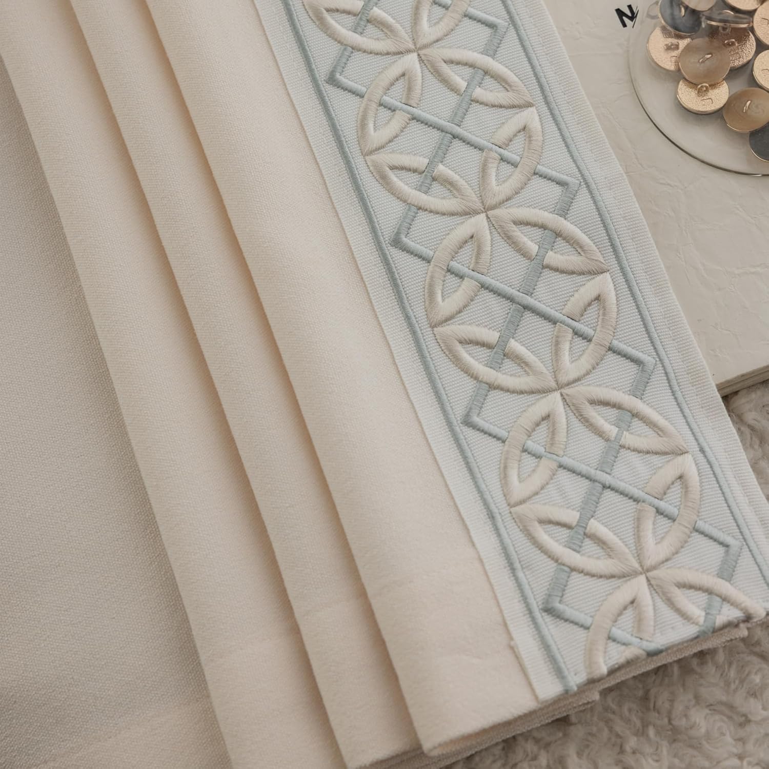 Cotton Linen Curtain Panels, Pinch Pleat, Wrinkle Free, Luxury Drapes with Geometric Tape Trim, for Living Room,Bedroom(50" W x 90" L，2 Panels)