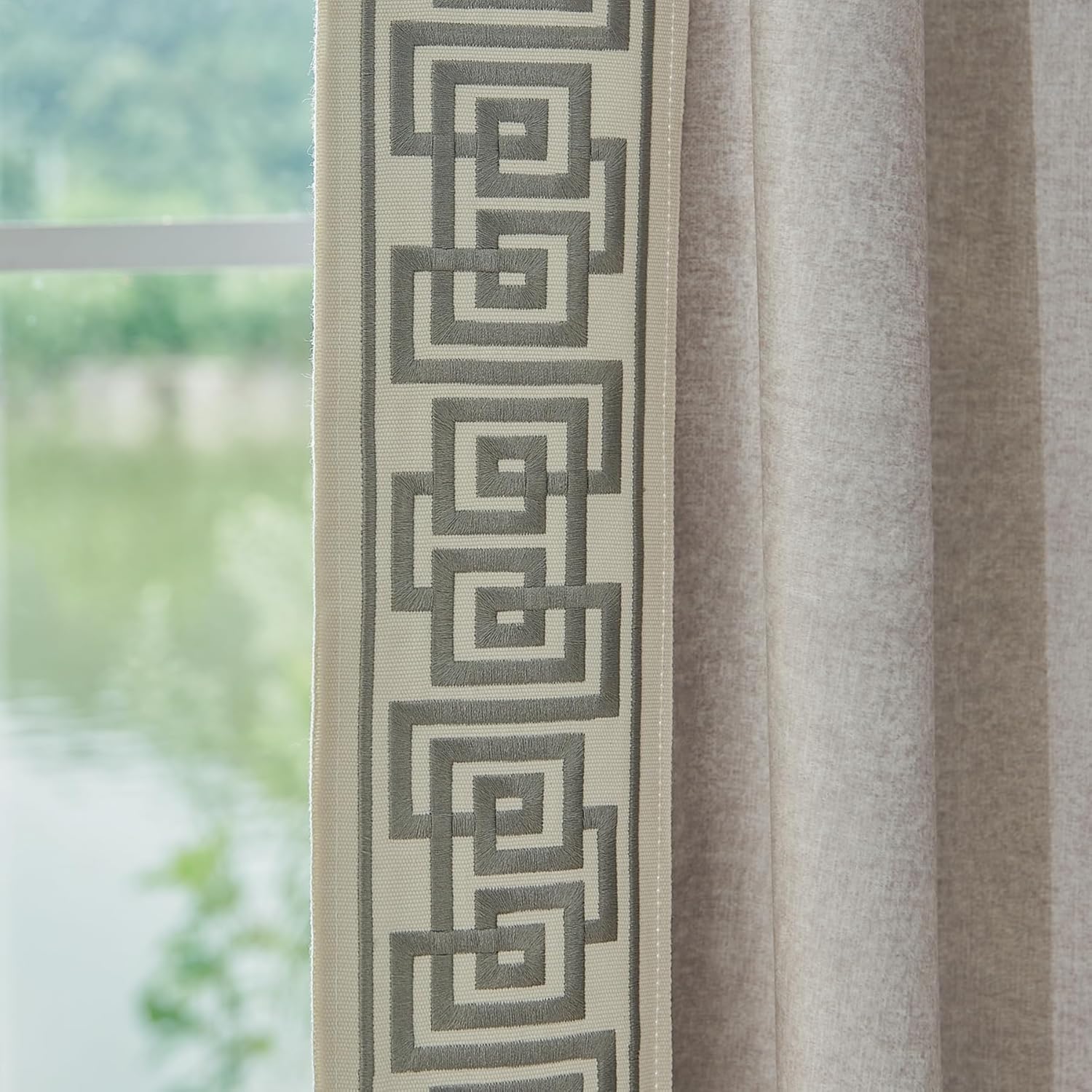 Curtain Panels with Embroidered Design, Tape Trim Drapes Pinch Pleat, Design Curtains for Sliding Patio Doors Bedroom 2Panels (Warm Cream, 50" W x 102" L)