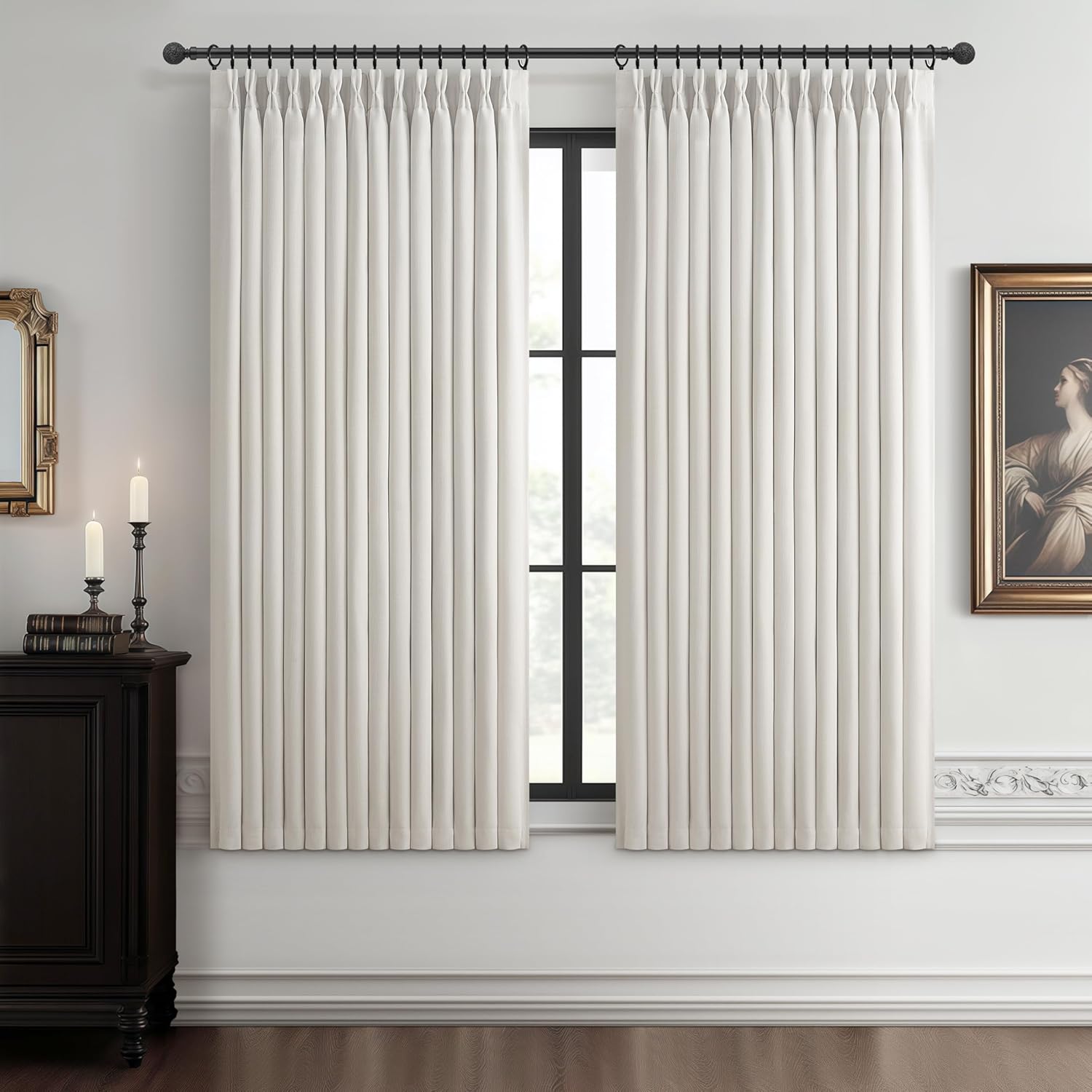 70 Inch Extra Wide Memory Trained Pinch Pleated Blackout Living Room Curtains 108 Inches Long, Warm Beige Linen 2 Layer Black Out Lux Decor Thermal Sound Dampening Curtain 70W x 108L 2 Panels Set