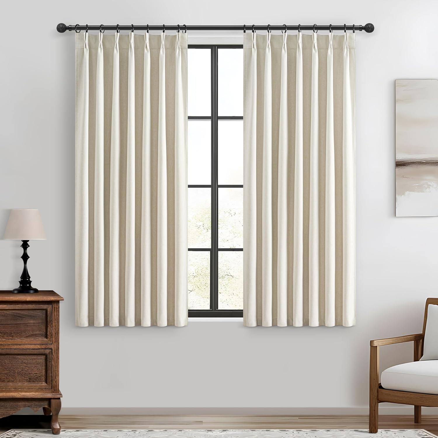 Lush Decor Wide Curtains for Windows 120 to 140 Blackout Linen 108 Inches Long, Pinch Pleated Thick 70 Inch Extra Wide Patio Door Curtain Panels 2 Set Drapes Floor to Ceiling Drapes Heavy Thermal