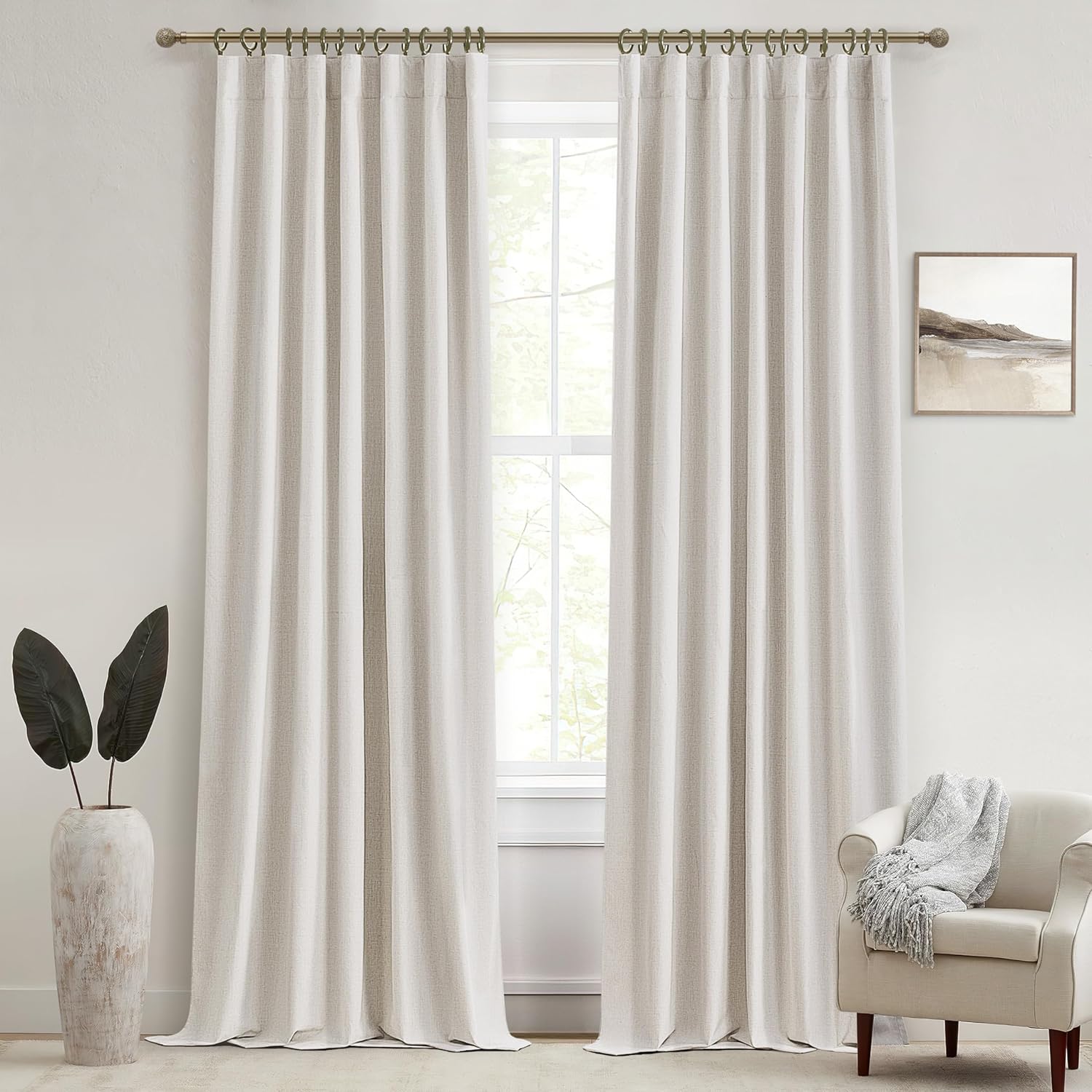 Extra Wide 70 Inch Length Blackout Curtains & Drapes 120 Inches Long 2 Panels Set for Sliding Glass Doors,Modern Pleated Linen Blend Heavy Floor to Ceiling Large Window Drapes(70"Wx120"Lx 2 Natural)