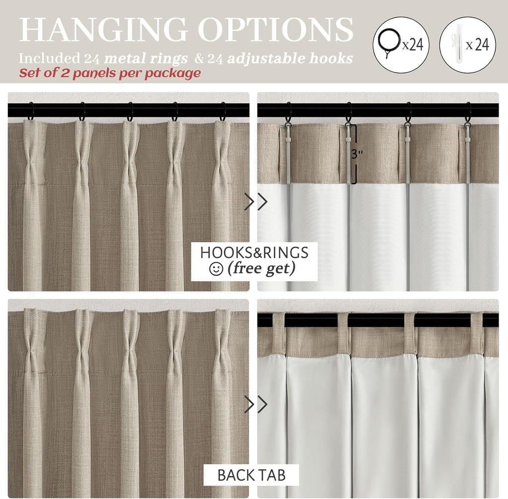 70 Inch Extra Wide Memory Trained Pinch Pleated Blackout Living Room Curtains 108 Inches Long, Warm Beige Linen 2 Layer Black Out Lux Decor Thermal Sound Dampening Curtain 70W x 108L 2 Panels Set