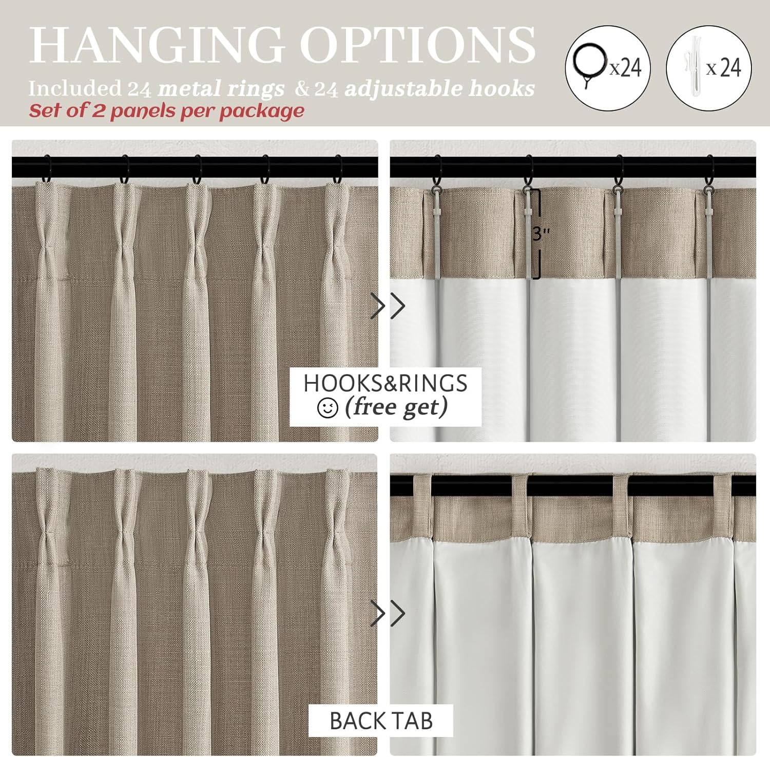 70 Inch Extra Wide Memory Trained Pinch Pleated Blackout Living Room Curtains 108 Inches Long, Warm Beige Linen 2 Layer Black Out Lux Decor Thermal Sound Dampening Curtain 70W x 108L 2 Panels Set