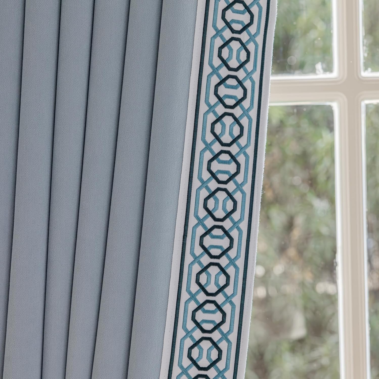 Cotton Linen Curtain Panels, Pinch Pleat, Wrinkle Free, Luxury Drapes with Geometric Tape Trim, for Living Room,Bedroom(50" W x 90" L，2 Panels)