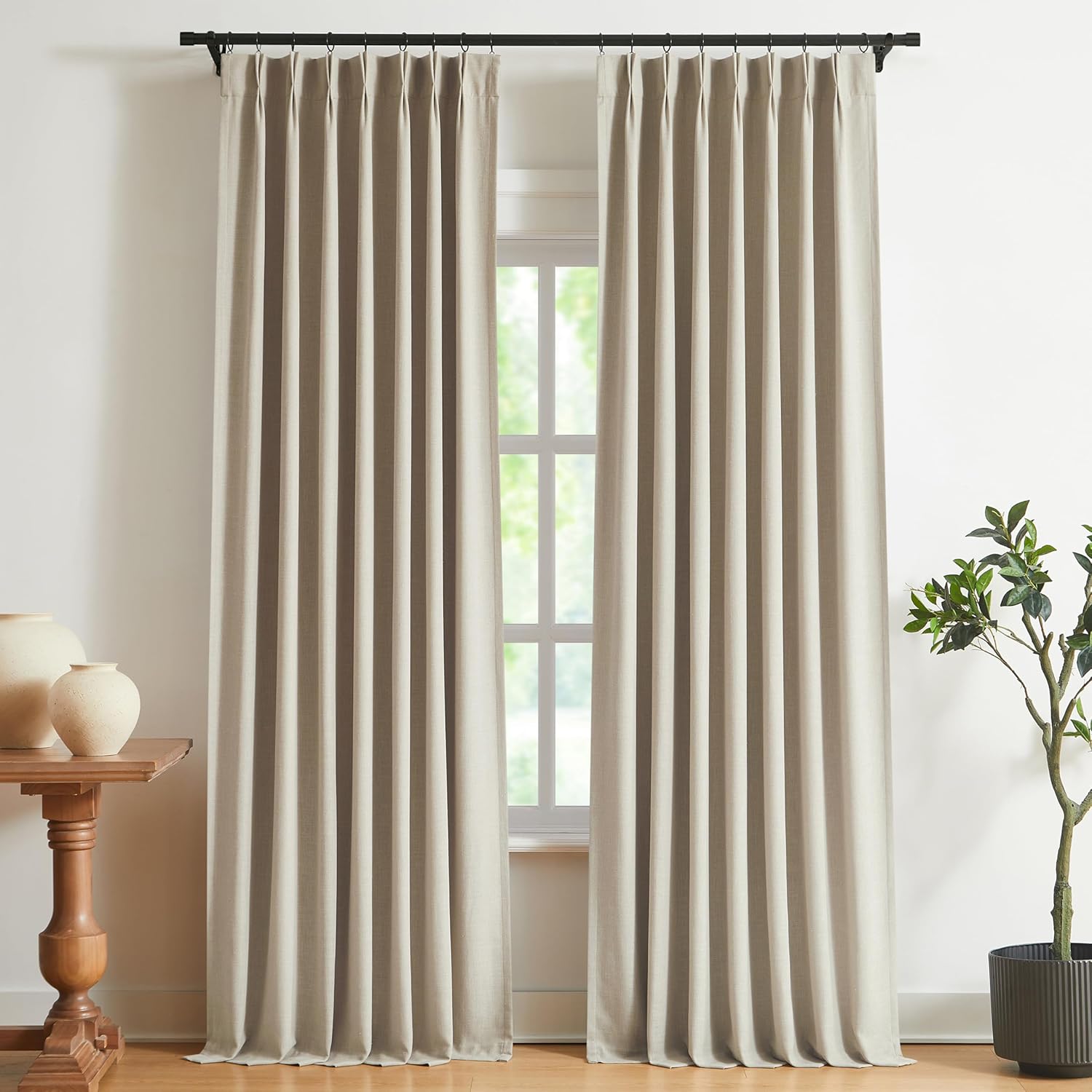 Vision Home Brown Pinch Pleated Full Blackout Curtains Linen Blended 60" Wide Thermal Insulated Window Panels 108 inch for Bedroom Living Room Darkening Pleat Drapes with Hooks Back Tab 60" Wx108 Lx1