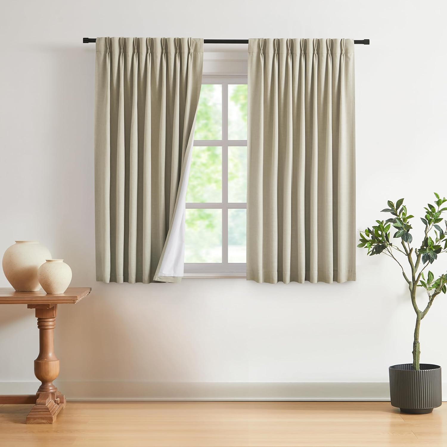 Vision Home Brown Pinch Pleated Full Blackout Curtains Linen Blended 60" Wide Thermal Insulated Window Panels 108 inch for Bedroom Living Room Darkening Pleat Drapes with Hooks Back Tab 60" Wx108 Lx1