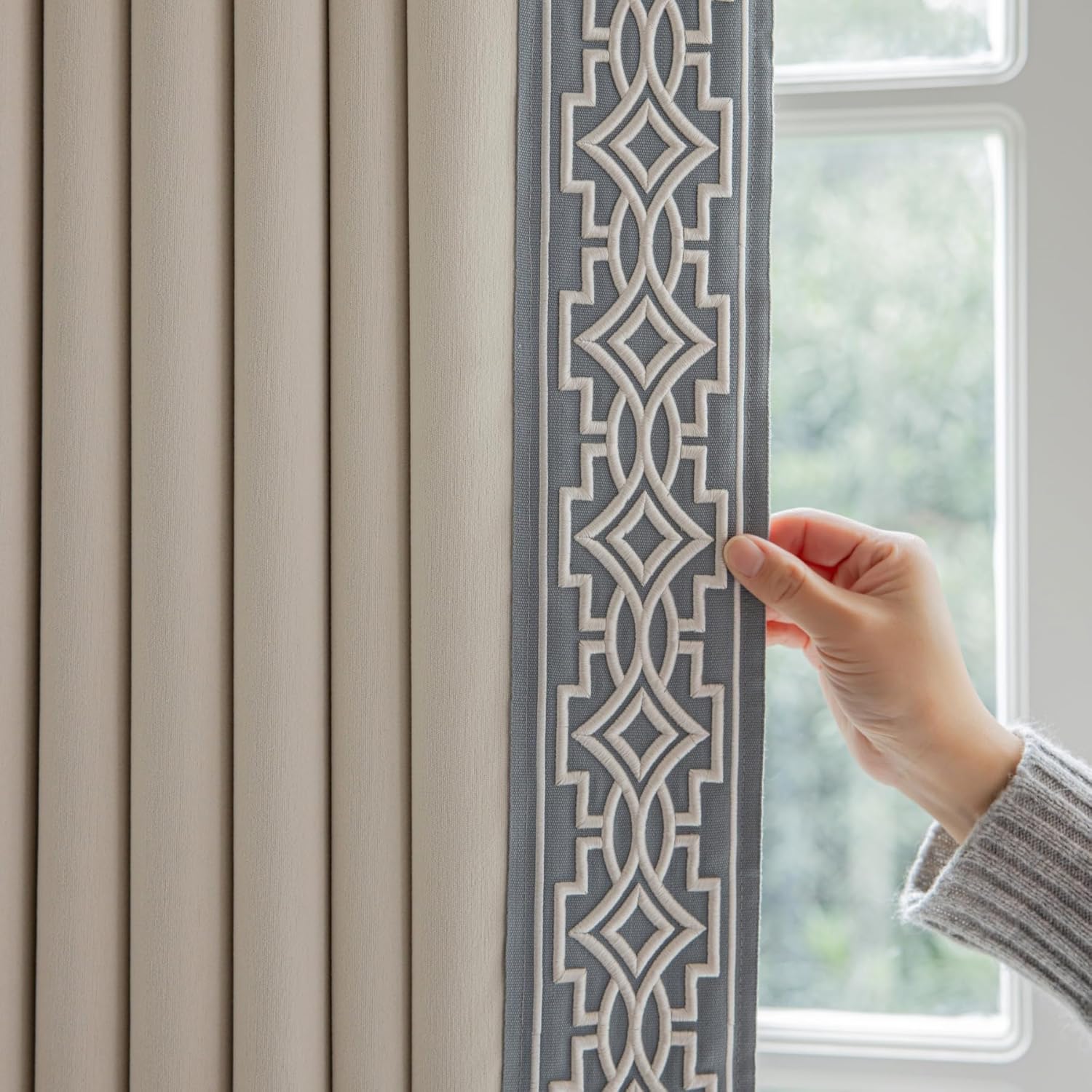 Cream Cotton Blend Curtain Panels with Trim Design, Pinch Pleat Curtains, Blackout Curtains for Sliding Patio Doors Bedroom (Set of 2) (52W x 96L)