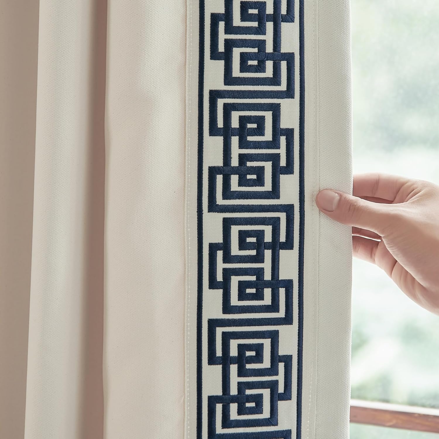 Curtain Panels with Embroidered Design, Tape Trim Drapes Pinch Pleat, Design Curtains for Sliding Patio Doors Bedroom 2Panels (Warm Cream, 50" W x 102" L)