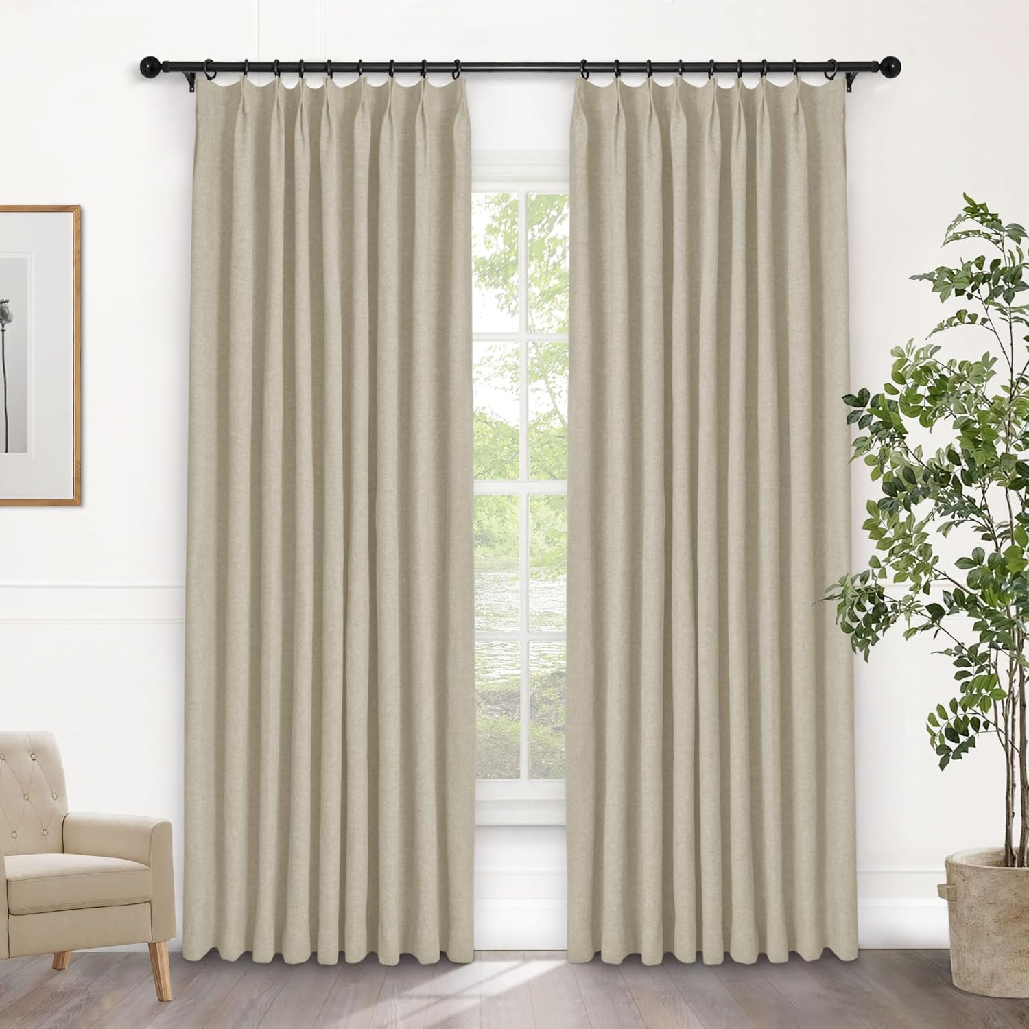 Macochico Extra Wide 100% Blackout Linen Curtains for Sliding Door Pleated Curtains with Hooks Insulated Soft Linen Drapes for Bedroom Living Room with Tieback Sand Beige 100”Wx84”L 1 Panel