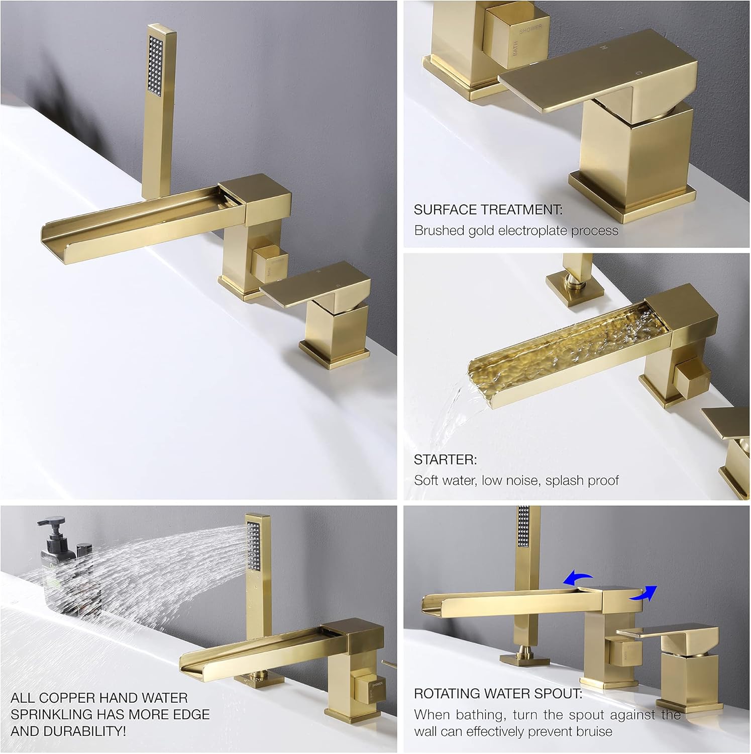 TapLong Waterfall Tub Filler Faucet with HandHeld Shower Widespread Roman Tub Faucet Set, Deck Mount 3-Holes Single-Handle Faucet in Brushed Gold, 03111BG