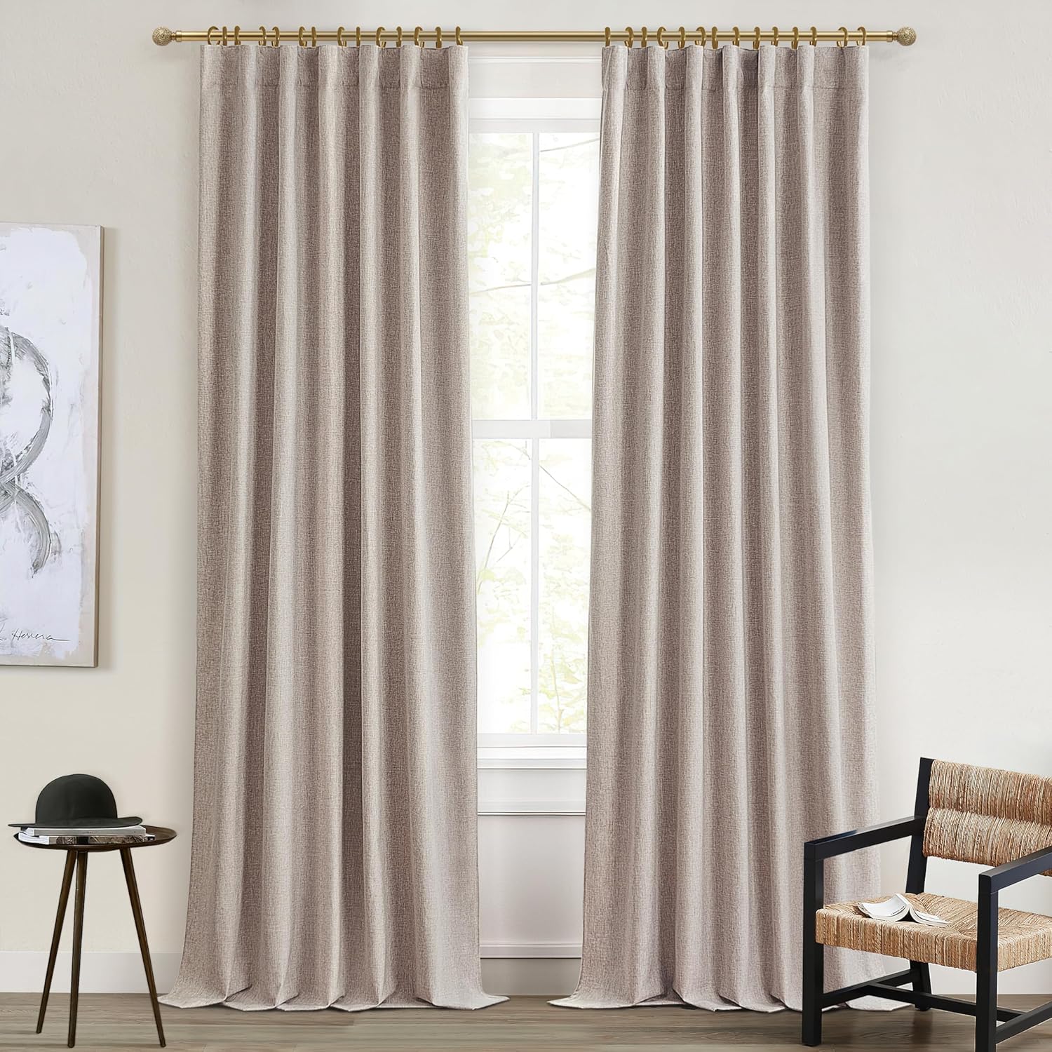 Extra Wide 70 Inch Length Blackout Curtains & Drapes 120 Inches Long 2 Panels Set for Sliding Glass Doors,Modern Pleated Linen Blend Heavy Floor to Ceiling Large Window Drapes(70"Wx120"Lx 2 Natural)