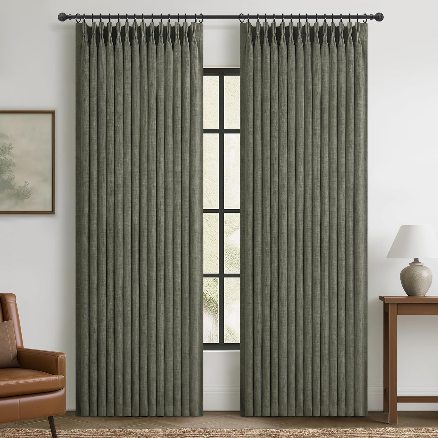 70 Inch Extra Wide Memory Trained Pinch Pleated Blackout Living Room Curtains 108 Inches Long, Warm Beige Linen 2 Layer Black Out Lux Decor Thermal Sound Dampening Curtain 70W x 108L 2 Panels Set
