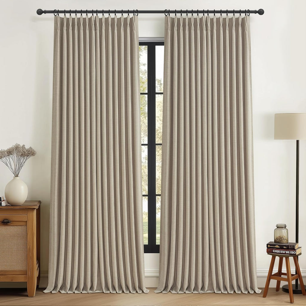 70 Inch Extra Wide Memory Trained Pinch Pleated Blackout Living Room Curtains 108 Inches Long, Warm Beige Linen 2 Layer Black Out Lux Decor Thermal Sound Dampening Curtain 70W x 108L 2 Panels Set