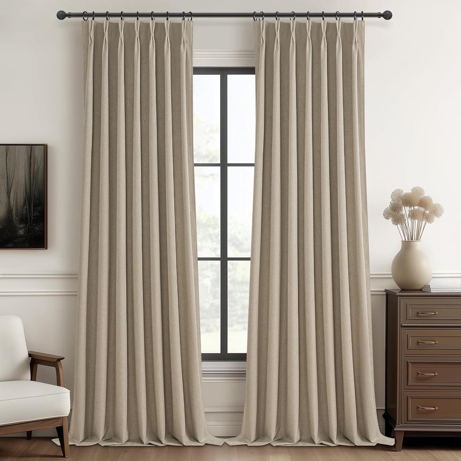 Lush Decor Wide Curtains for Windows 120 to 140 Blackout Linen 108 Inches Long, Pinch Pleated Thick 70 Inch Extra Wide Patio Door Curtain Panels 2 Set Drapes Floor to Ceiling Drapes Heavy Thermal