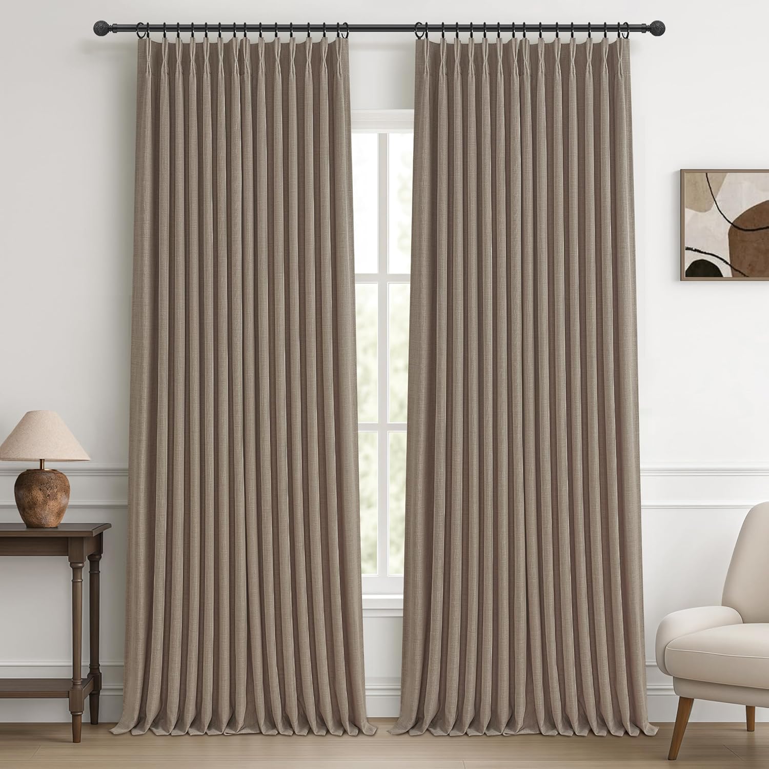 70 Inch Extra Wide Memory Trained Pinch Pleated Blackout Living Room Curtains 108 Inches Long, Warm Beige Linen 2 Layer Black Out Lux Decor Thermal Sound Dampening Curtain 70W x 108L 2 Panels Set