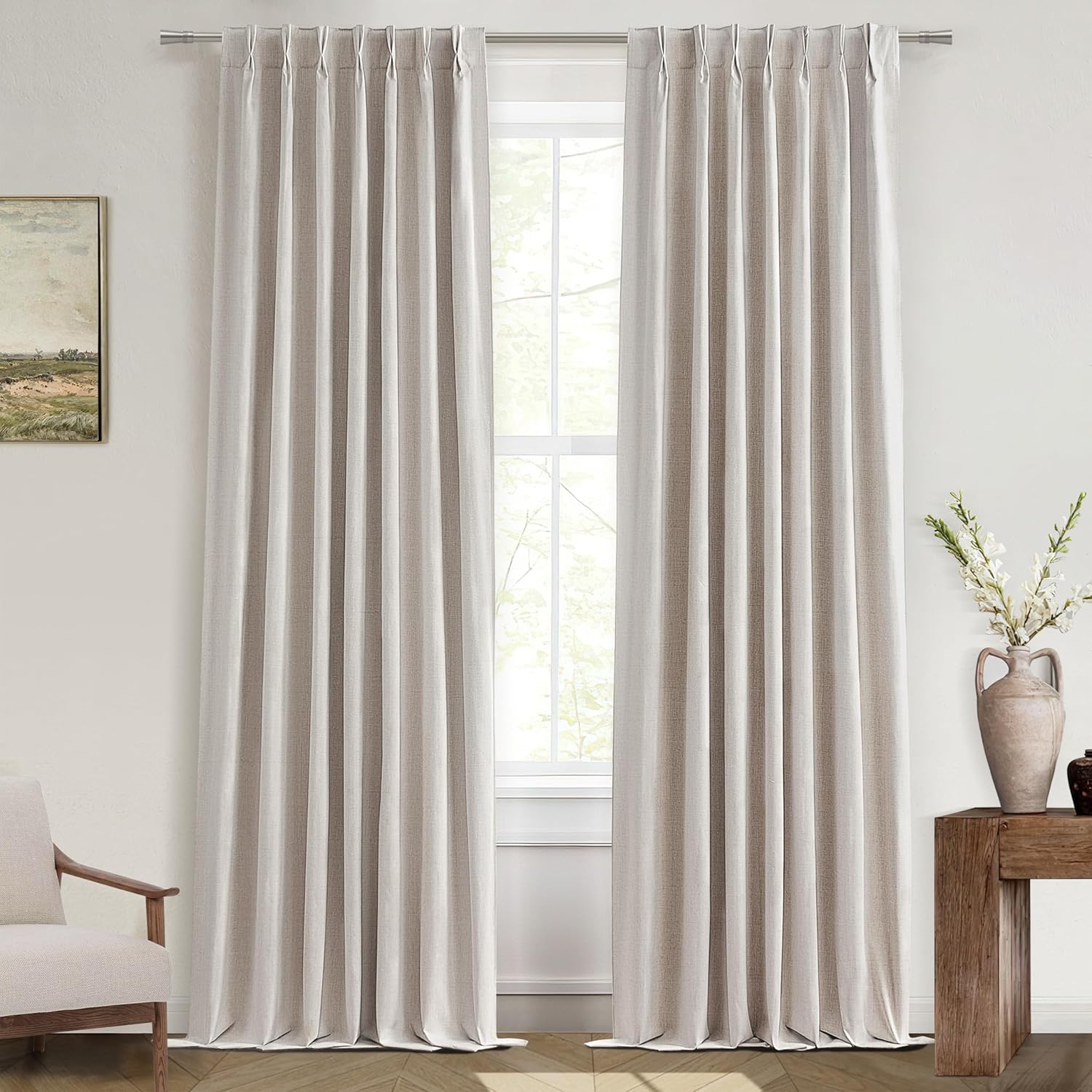 Lush Decor Wide Curtains for Windows 120 to 140 Blackout Linen 108 Inches Long, Pinch Pleated Thick 70 Inch Extra Wide Patio Door Curtain Panels 2 Set Drapes Floor to Ceiling Drapes Heavy Thermal