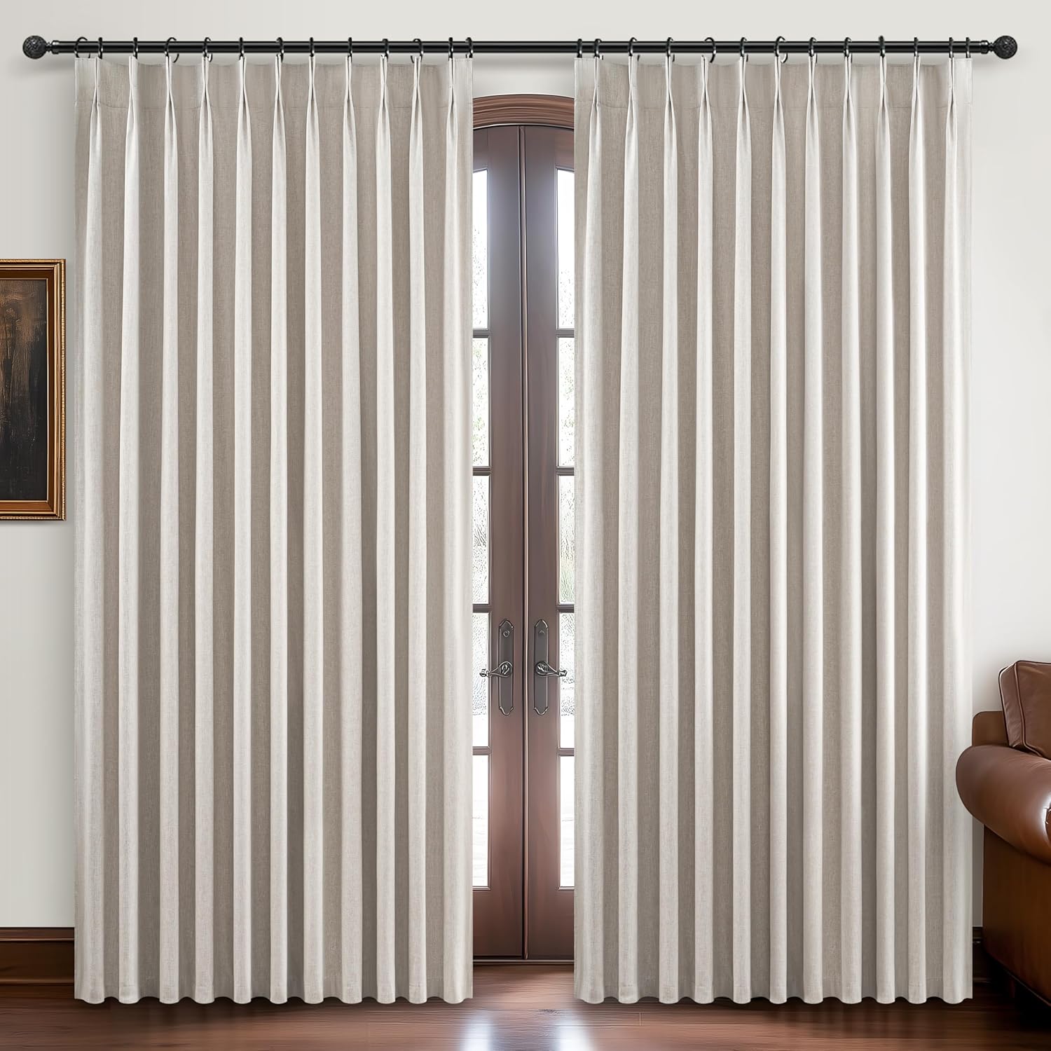 Lush Decor Wide Curtains for Windows 120 to 140 Blackout Linen 108 Inches Long, Pinch Pleated Thick 70 Inch Extra Wide Patio Door Curtain Panels 2 Set Drapes Floor to Ceiling Drapes Heavy Thermal